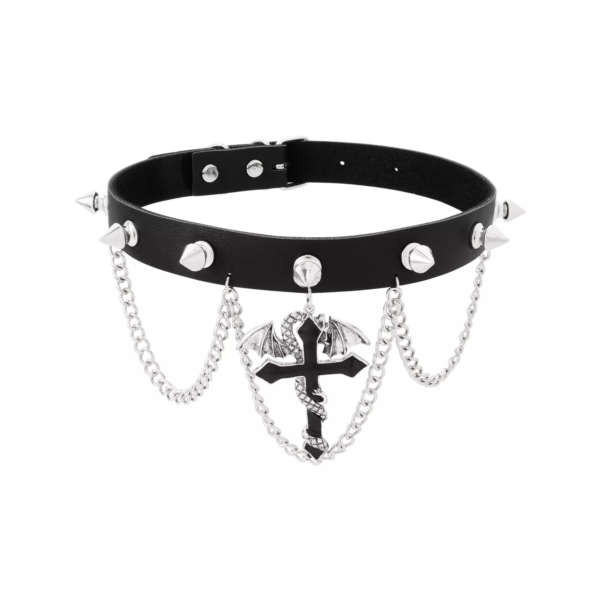 Spiked Dragon Cross Drop Chain Choker Necklace