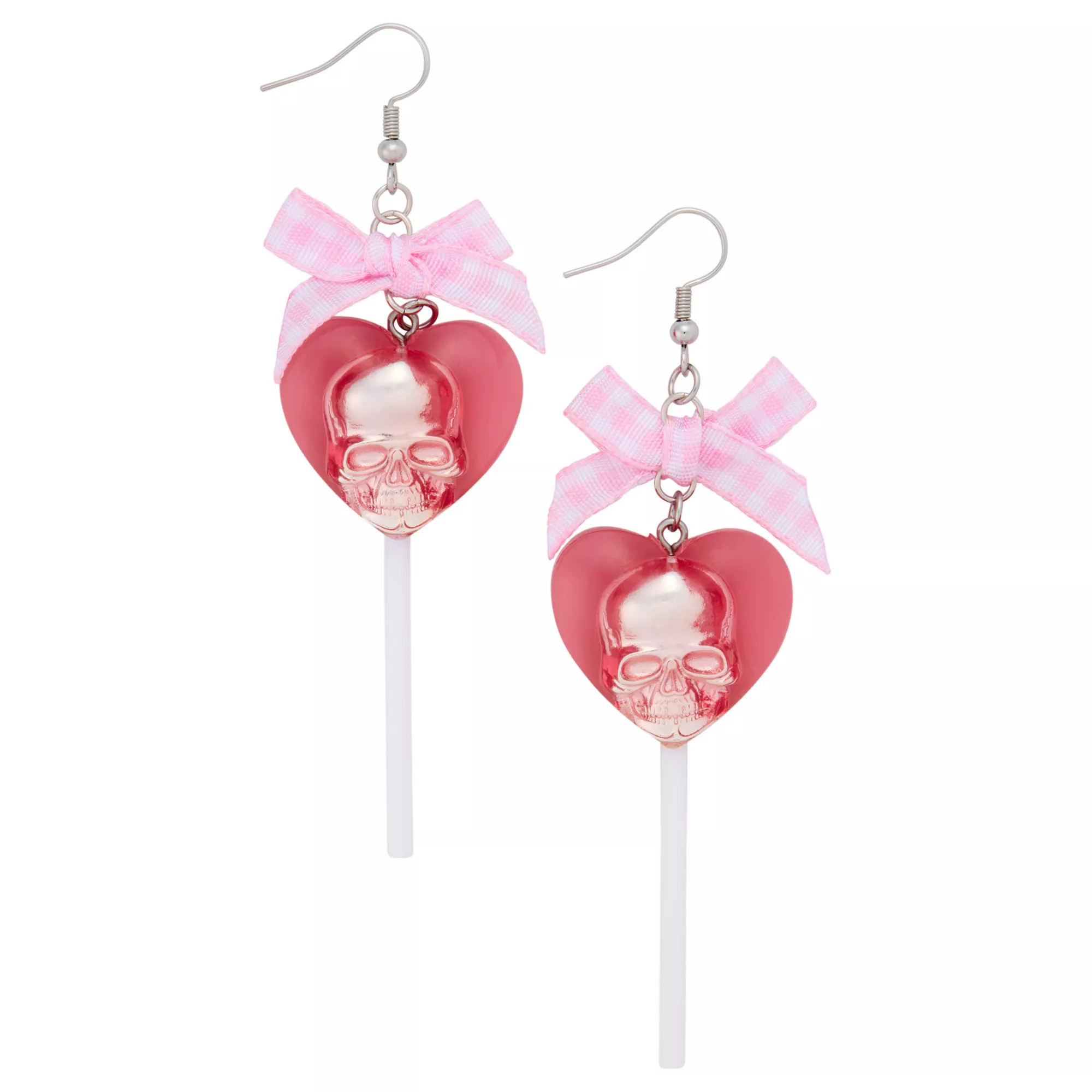 Pink Skull Heart Lollipop Dangle Earrings