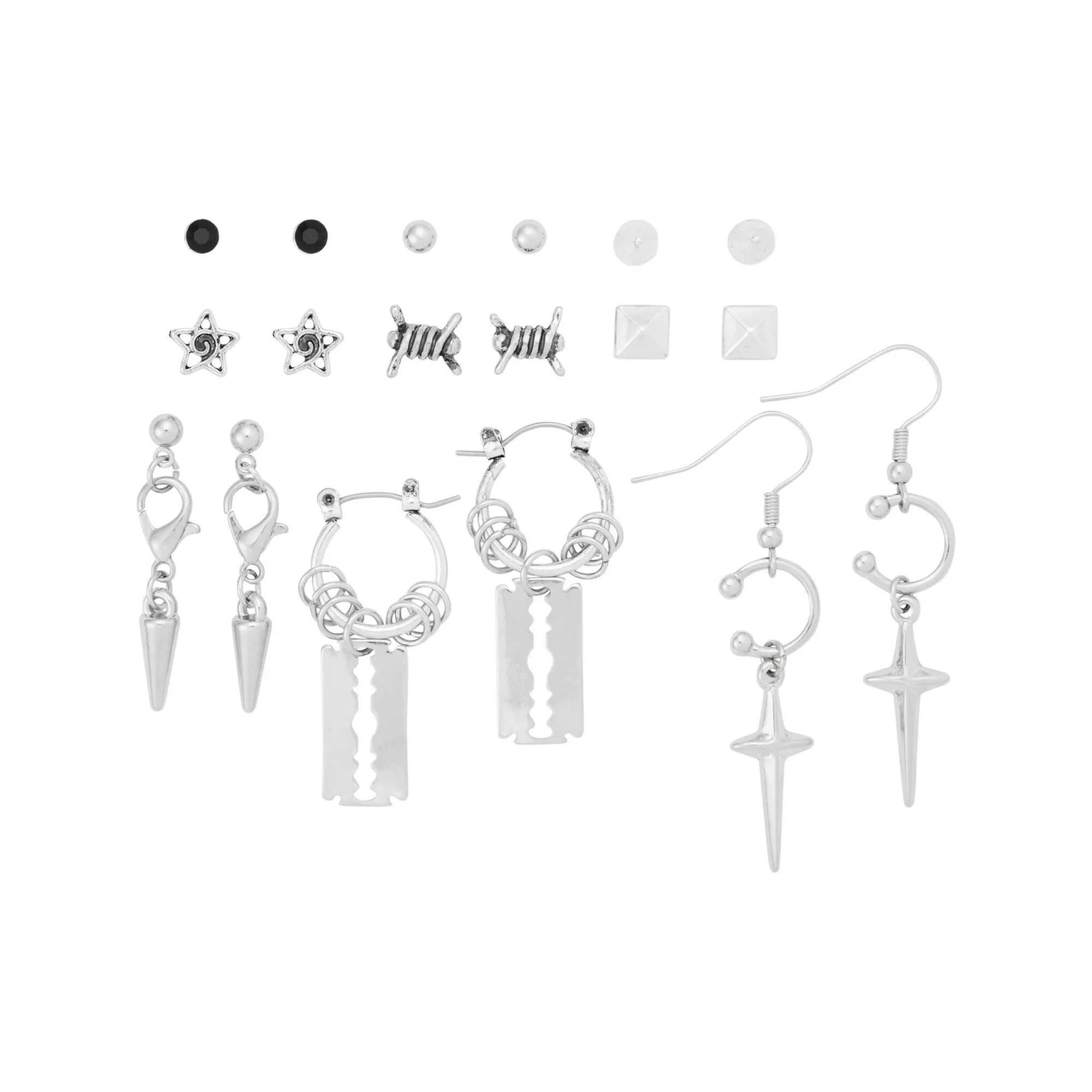 Multi-Pack Silver-Tone Barbed Blades Stud and Dangle Earrings - 9 Pairs