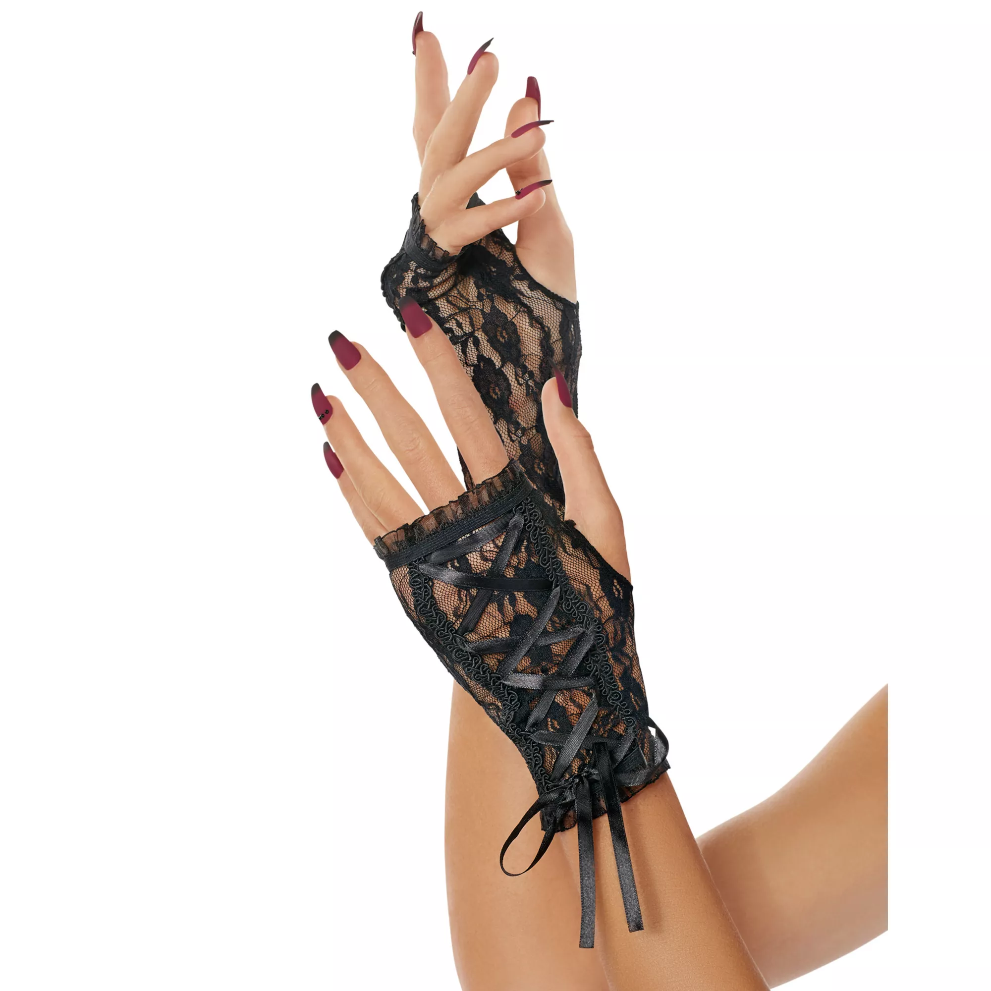 Black Tie Up Lace Fingerless Gloves at Spencer's