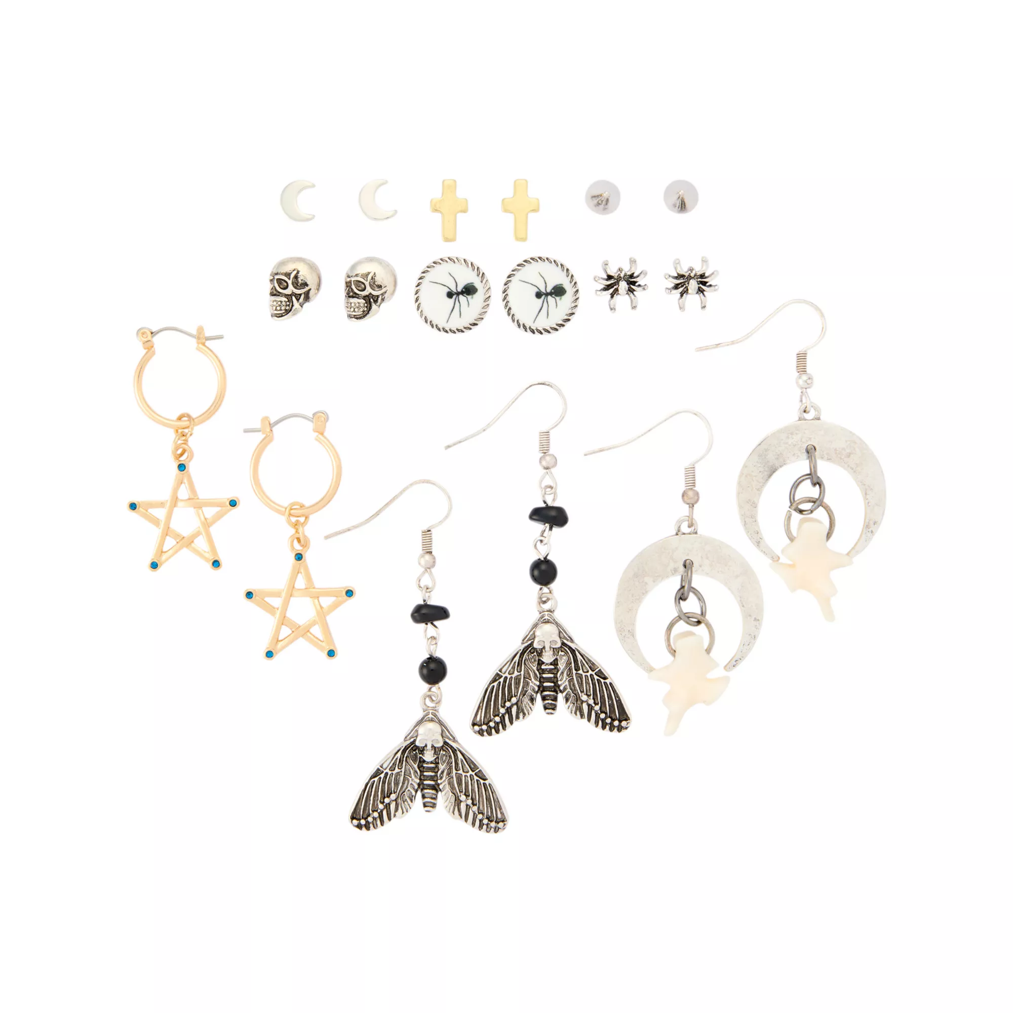Multi-Pack Assorted Skull Moth Star Stud and Dangle Earrings - 9 Pair at Spencer's