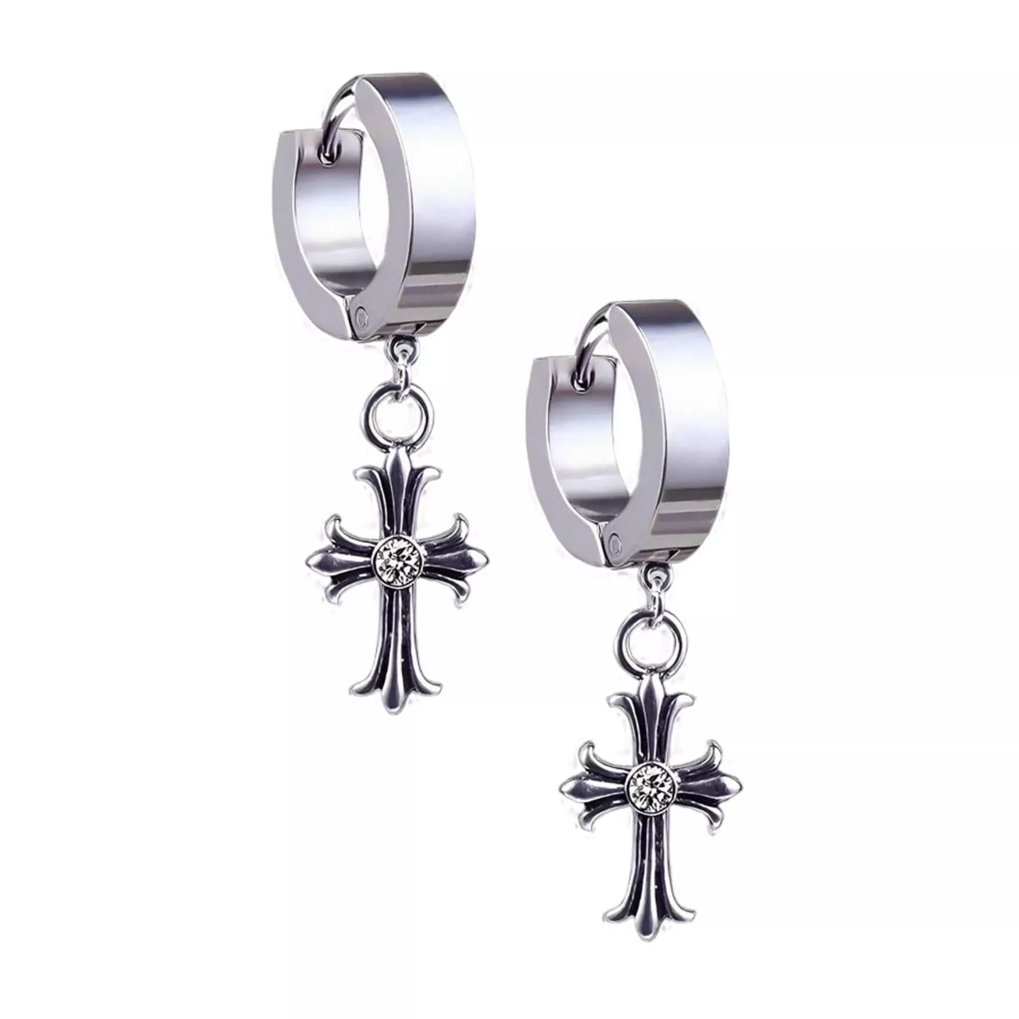 Clear CZ Gothic Cross Silver-Tone Dangle Huggie Hoop Earrings - 20 Gauge