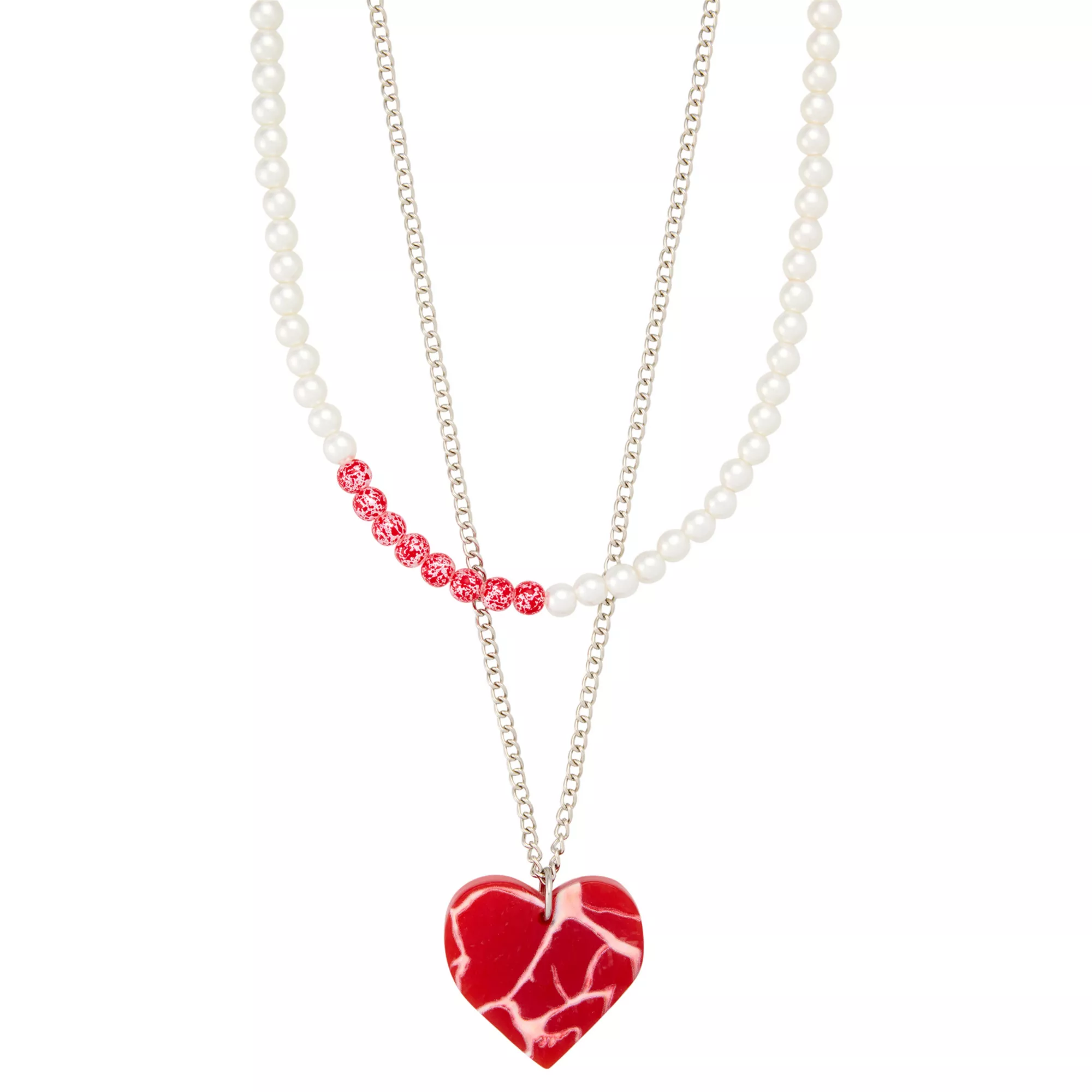 2 Row Meat Heart Pearl-Effect and Chain Necklace