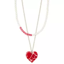 2 Row Meat Heart Pearl-Effect and Chain Necklace at Spencer's