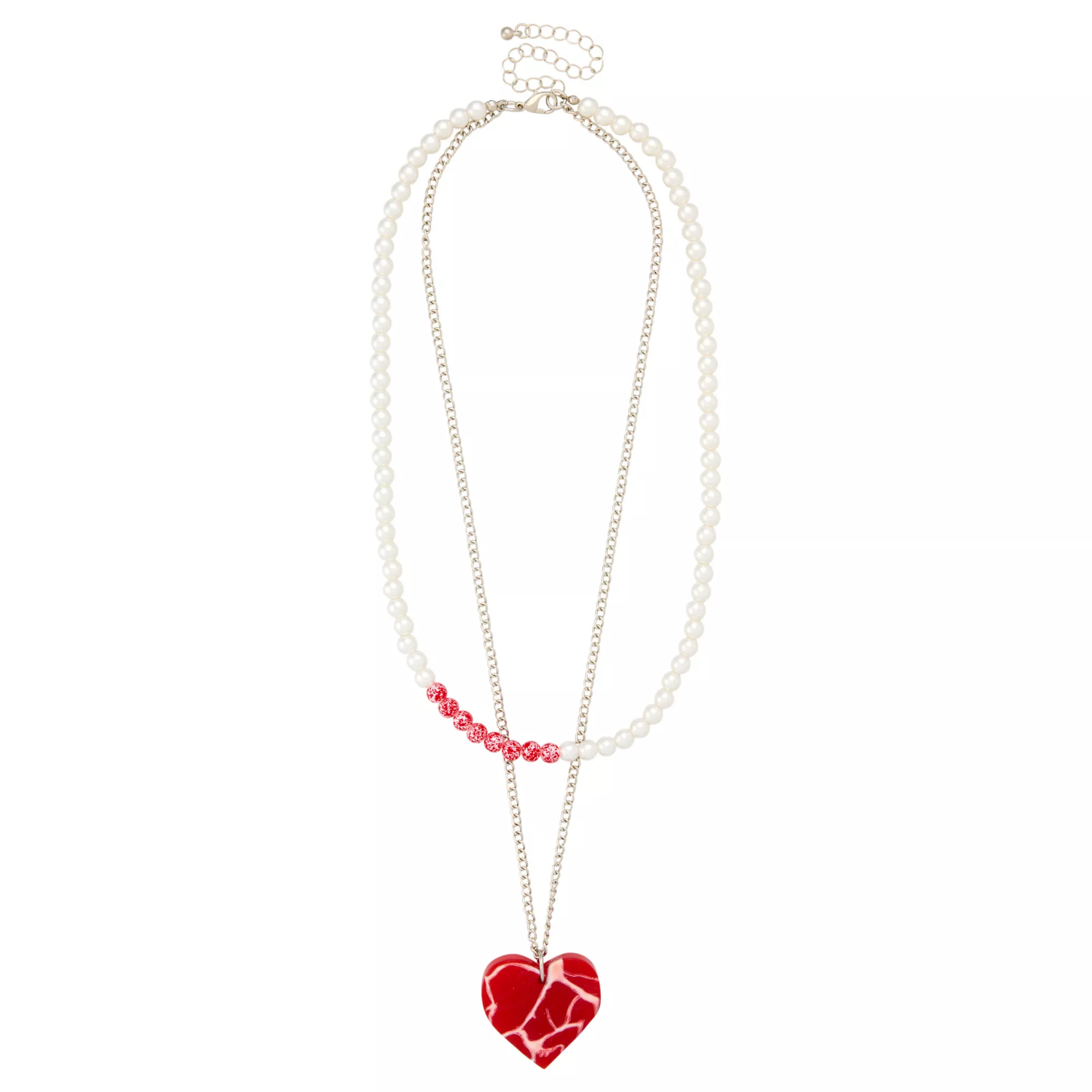 2 Row Meat Heart Pearl-Effect and Chain Necklace