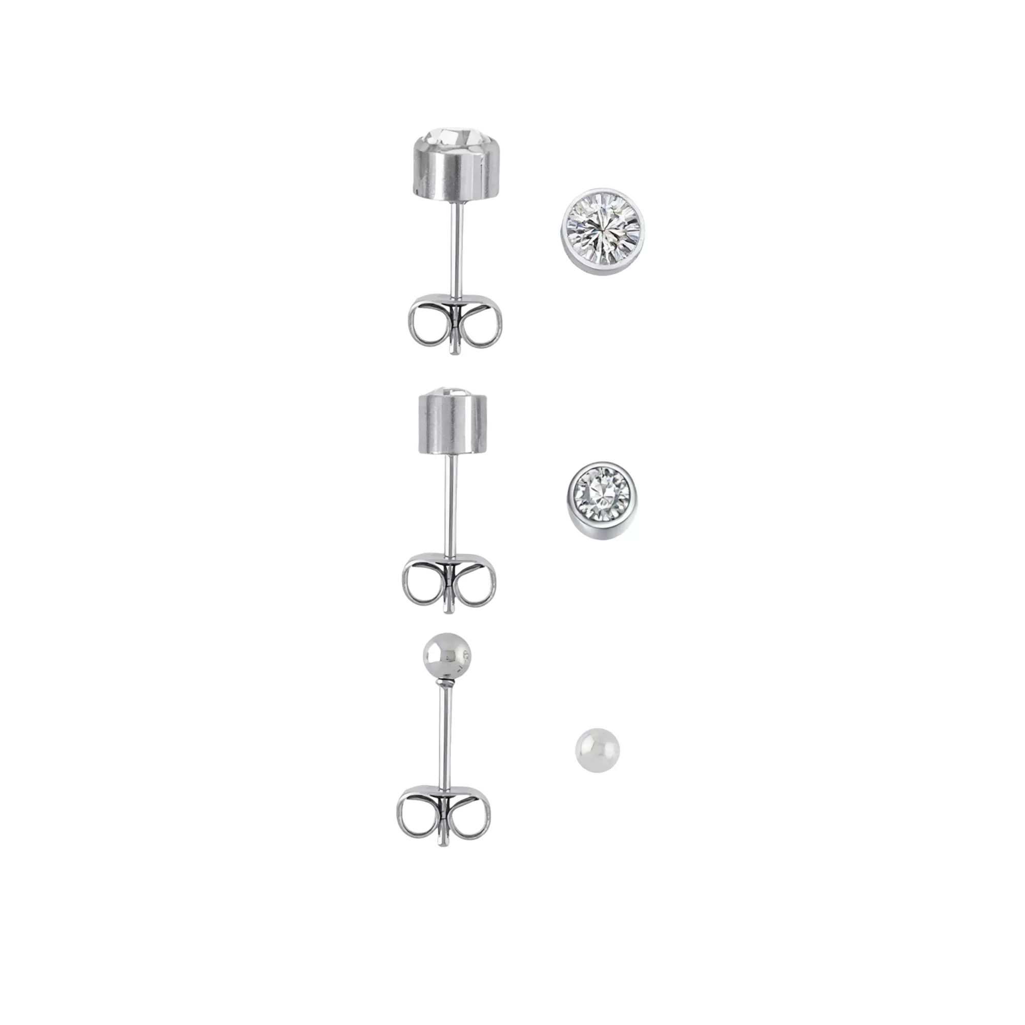 Multi-Pack Round CZ Basic Stud Earrings 3 Pair - 20 Gauge