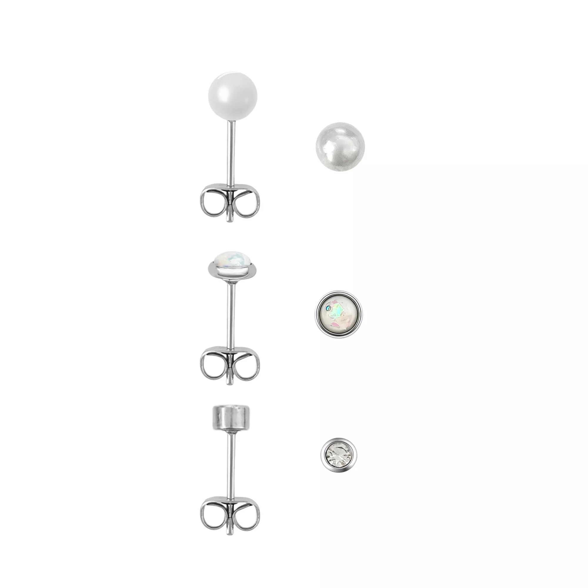 Multi-Pack CZ Pearl-Effect and Opal-Effect Stud Earrings 3 Pair - 20 Gauge