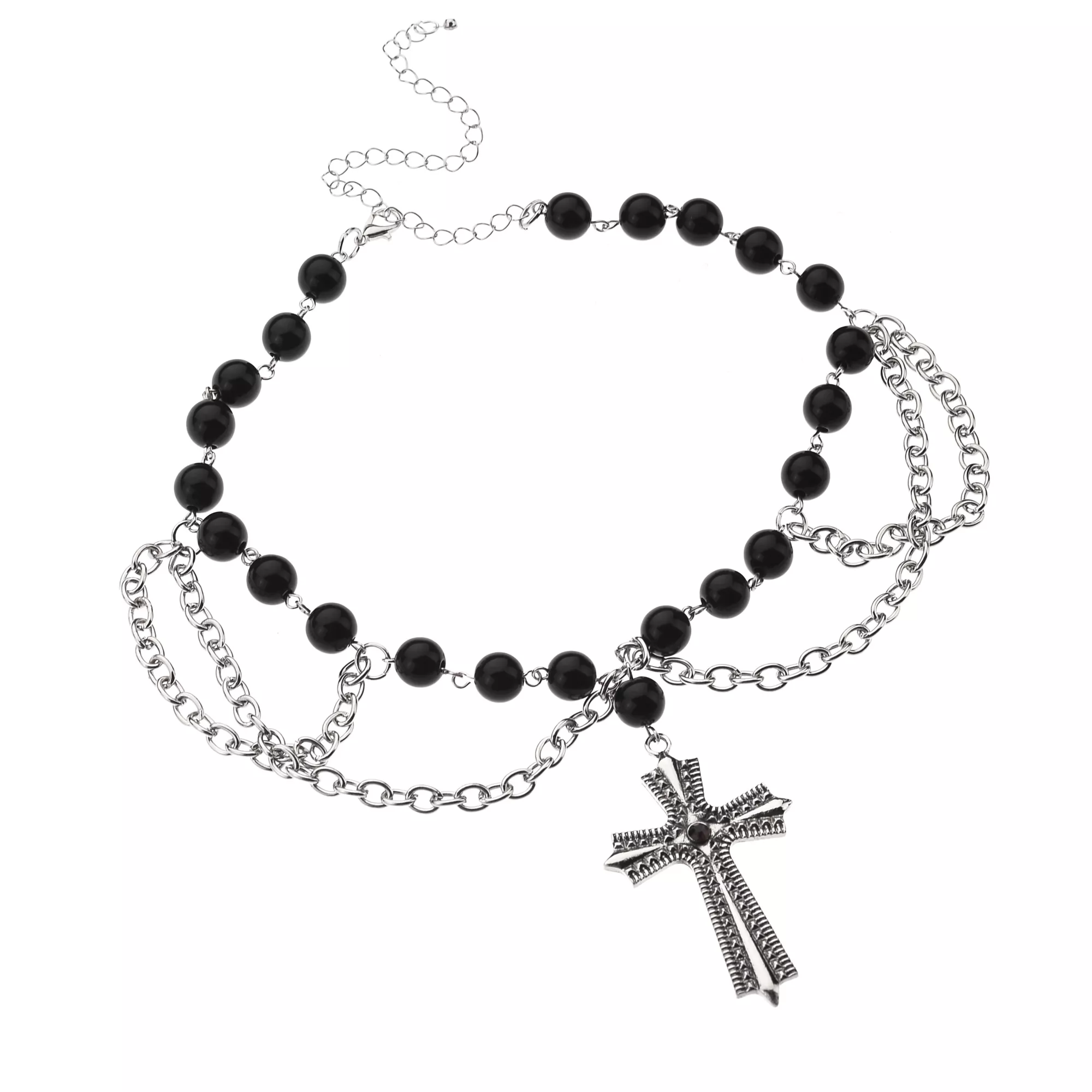 Black Cross Chain Beaded Choker Necklace