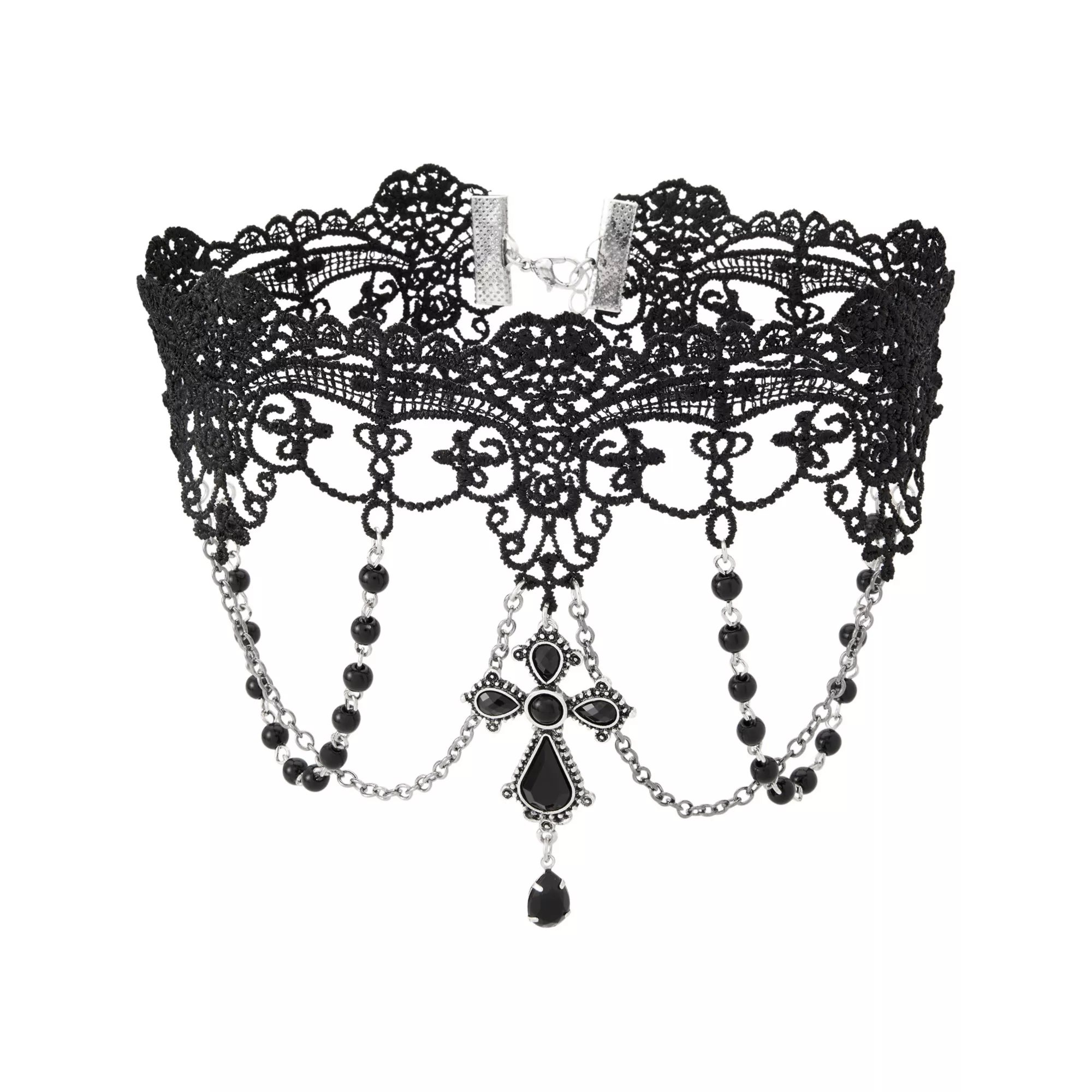 Black Cross Draped Beaded Chains Lace Choker Necklace