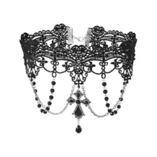Black Cross Draped Beaded Chains Lace Choker Necklace at Spencer's