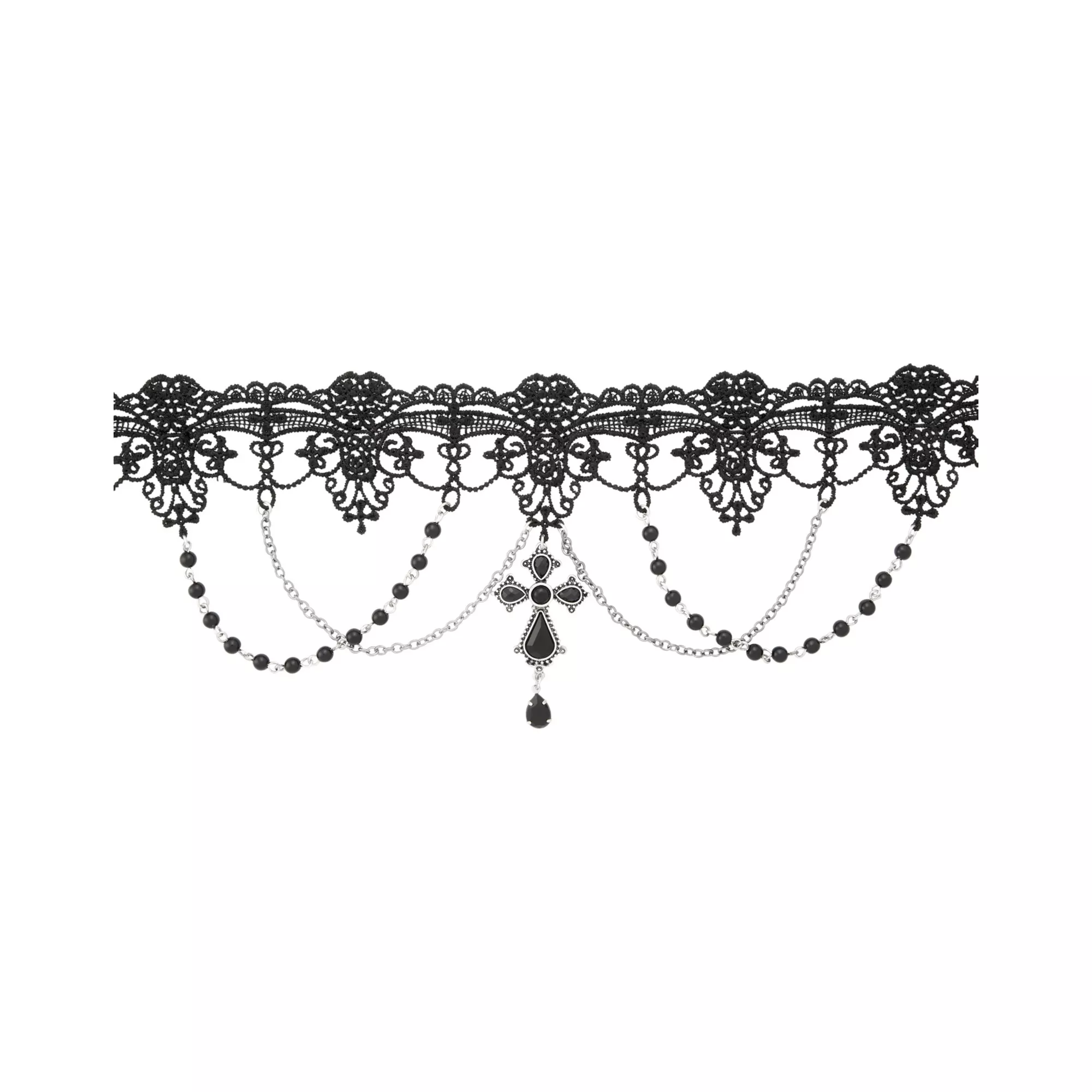 Black Cross Draped Beaded Chains Lace Choker Necklace