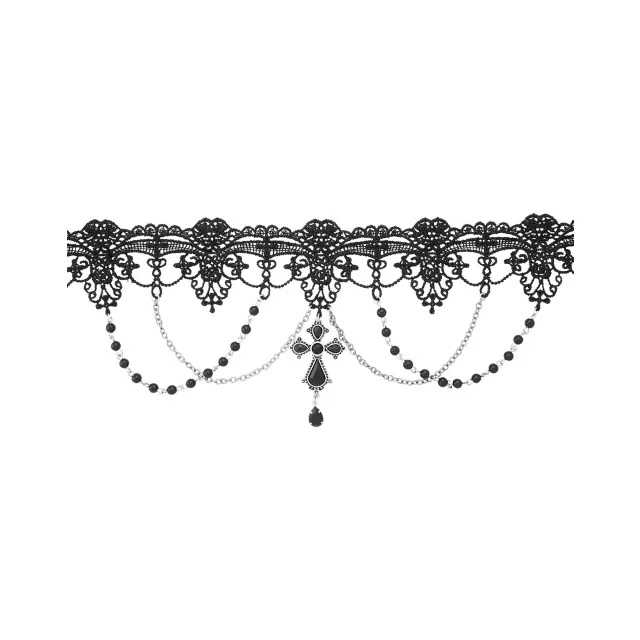 Black Cross Draped Beaded Chains Lace Choker Necklace at Spencer's