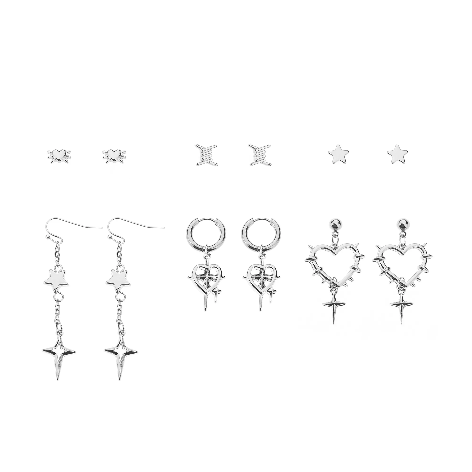 Multi-Pack Barbed Wire Heart Silver-Tone Earrings - 6 Pair