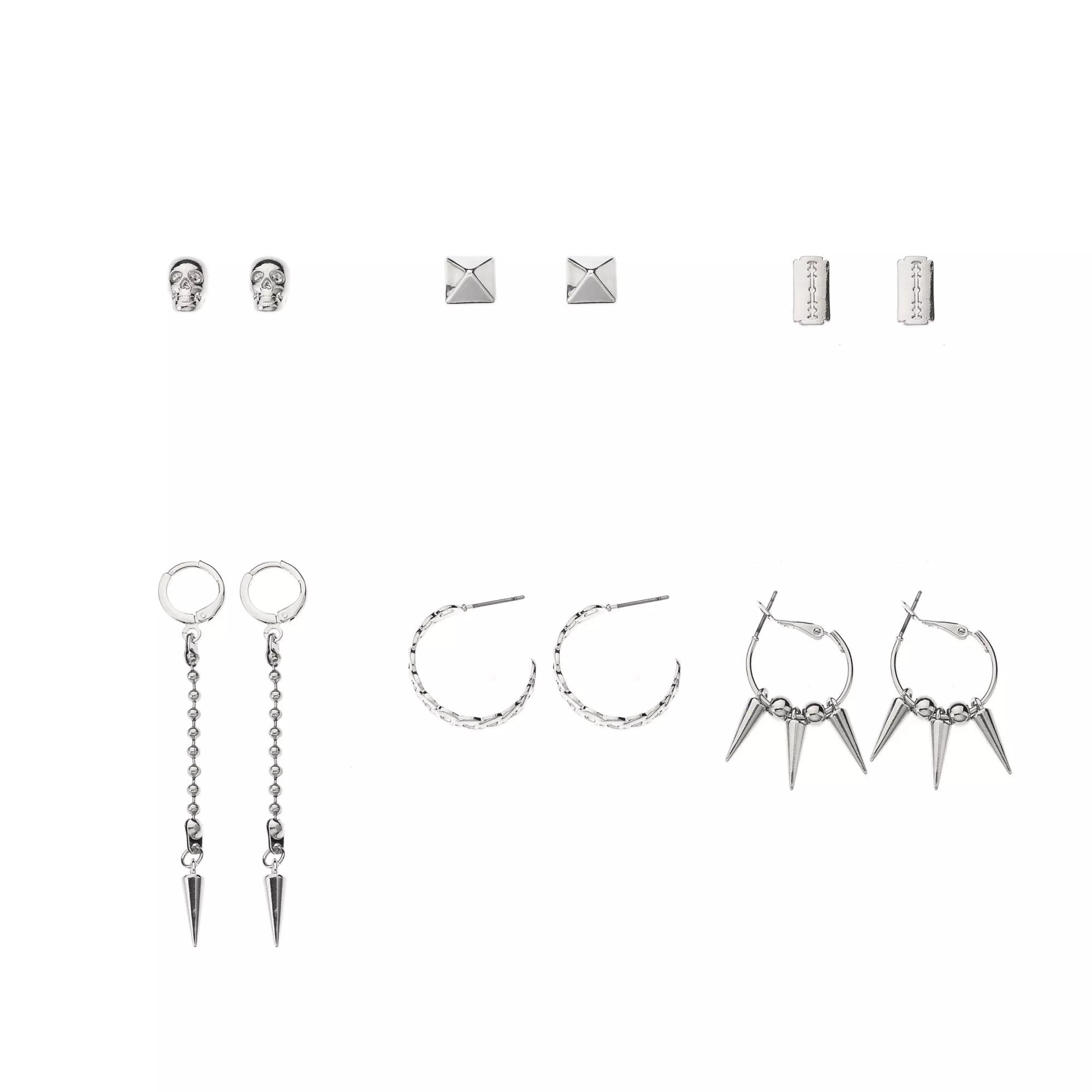 Multi-Pack Skull and Spike Silver-Tone Earrings - 6 Pair