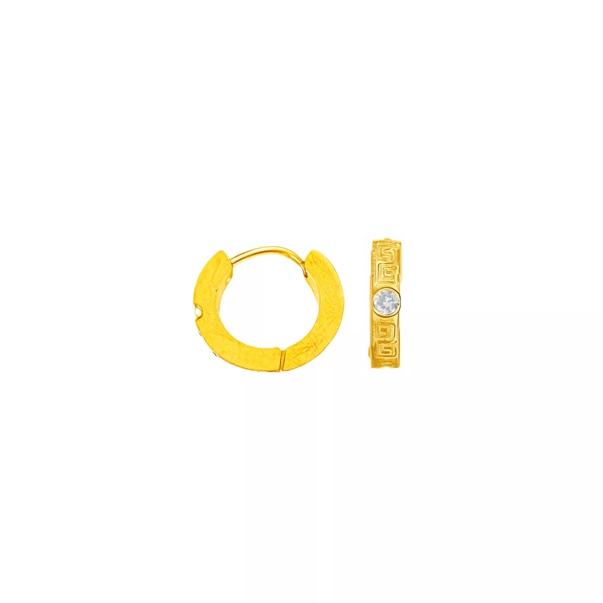 Clear CZ Greek Meander Pattern Gold-Tone Huggie Hoops - 18 Gauge