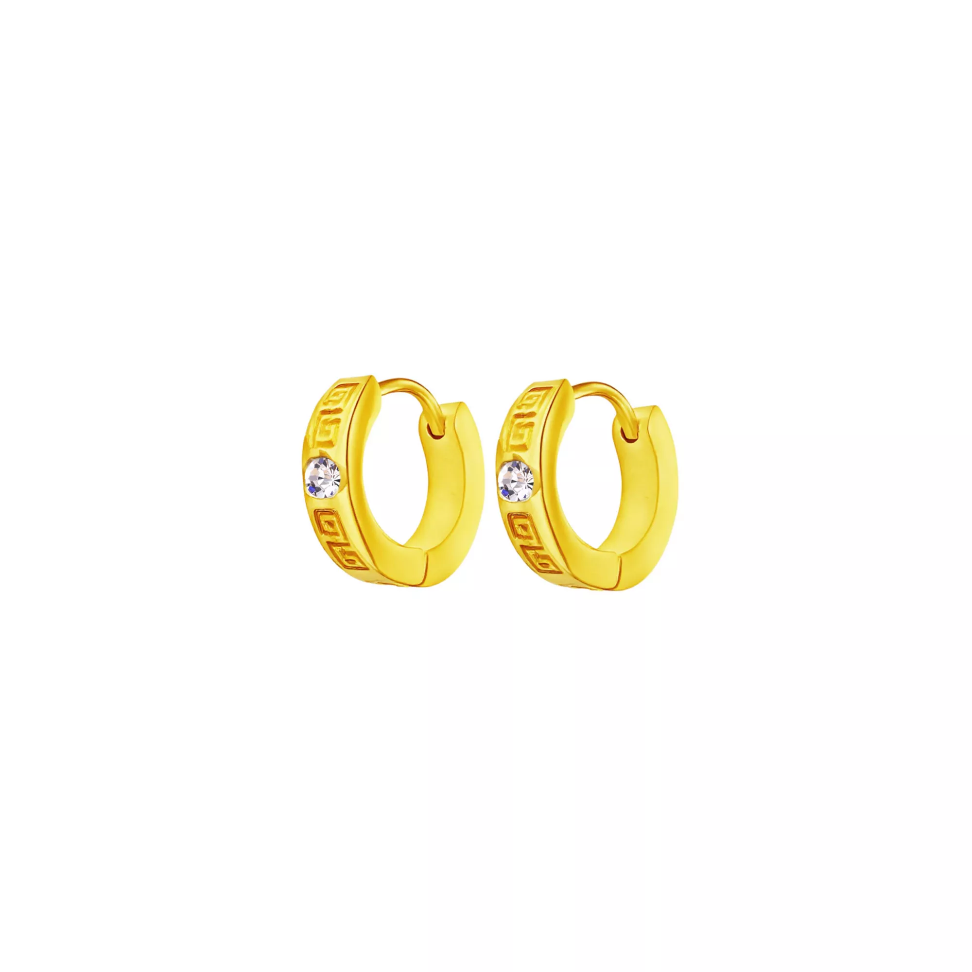 Clear CZ Greek Meander Pattern Gold-Tone Huggie Hoops - 18 Gauge