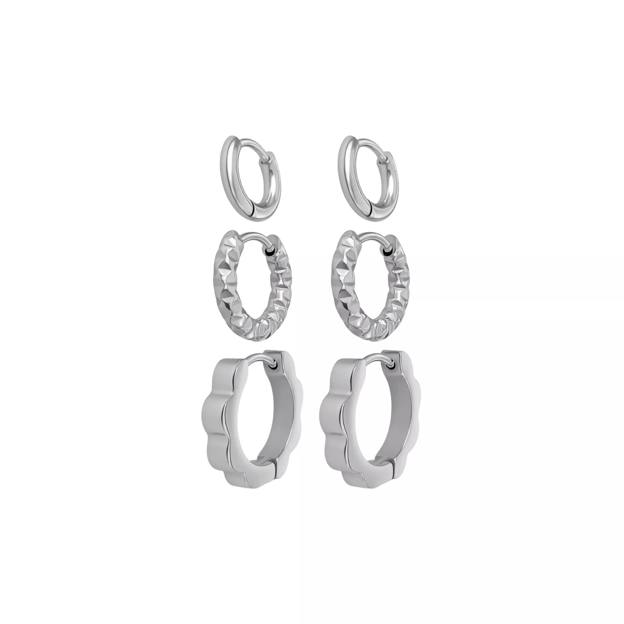 Multi-Pack Flower Silver-Tone Huggie Hoop Earrings 3 Pair - 18 Gauge