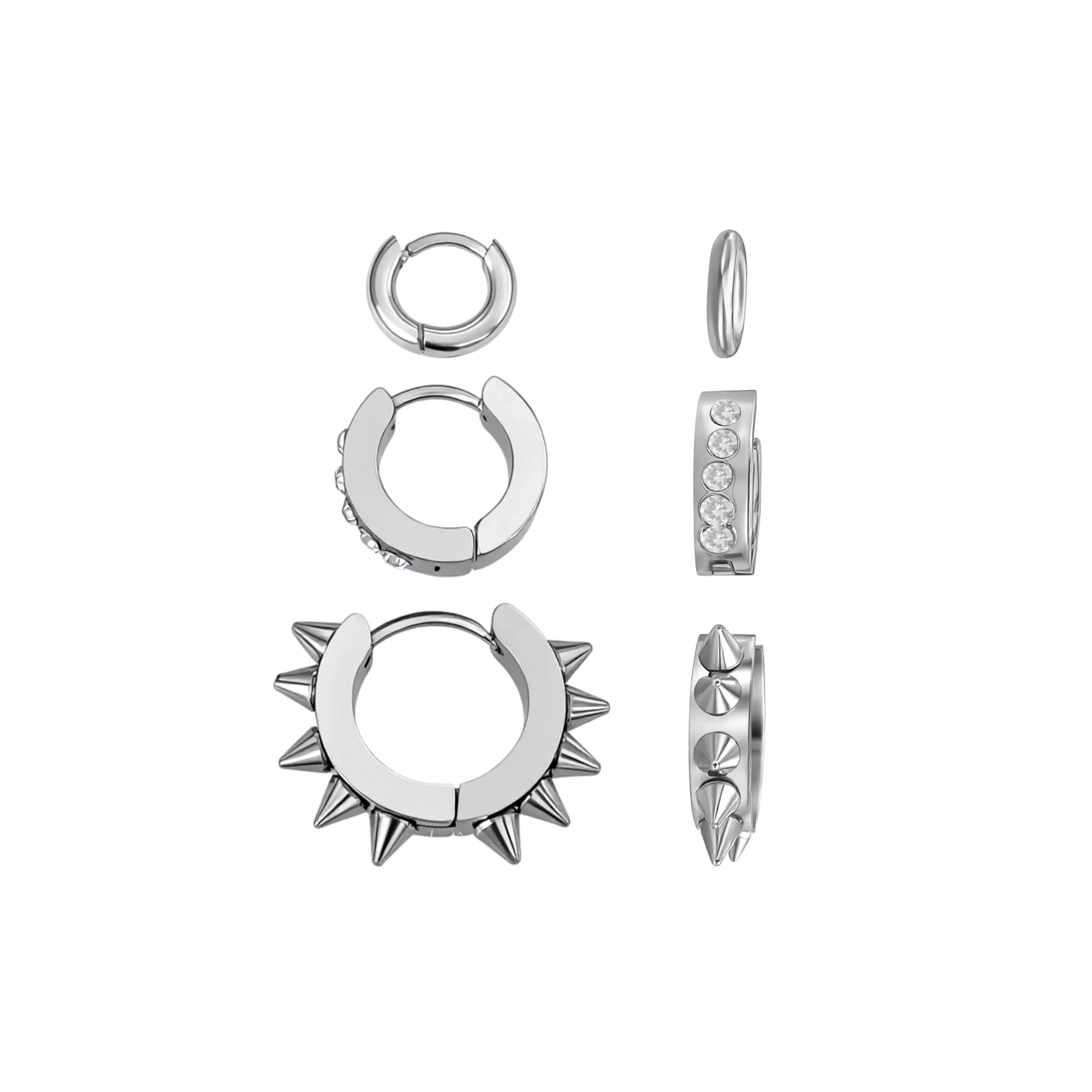 Multi-Pack CZ Spike Silver-Tone Huggie Hoop Earrings 3 Pair - 18 Gauge