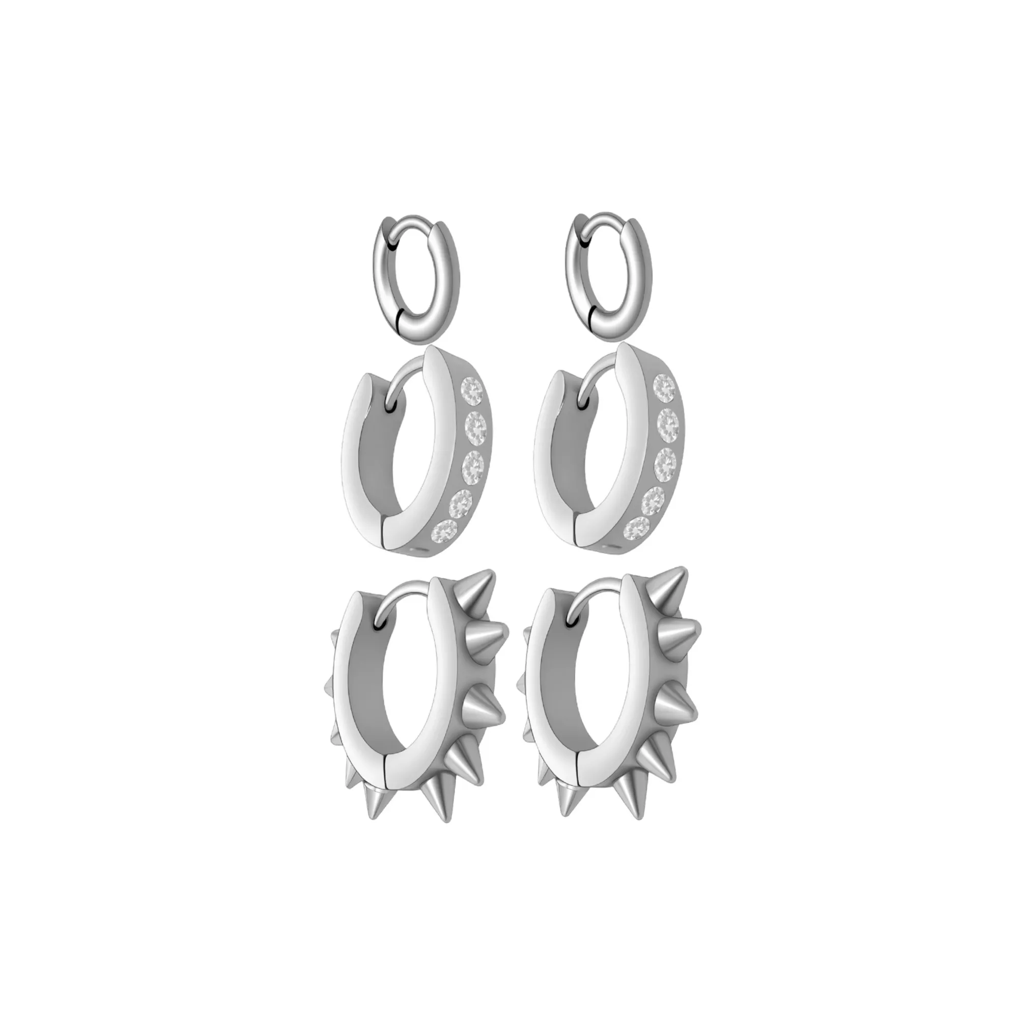 Multi-Pack CZ Spike Silver-Tone Huggie Hoop Earrings 3 Pair - 18 Gauge