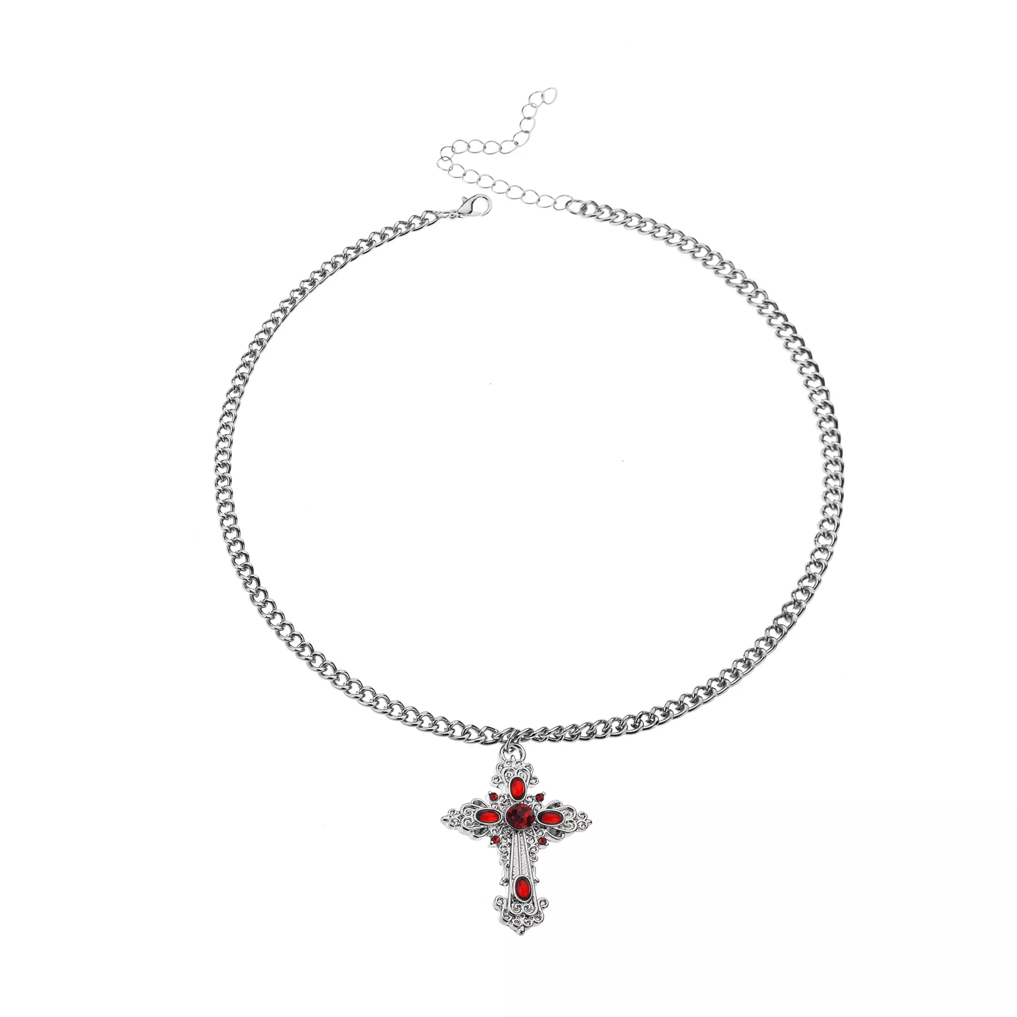 Red Jewel Cross Silver-Tone Necklace