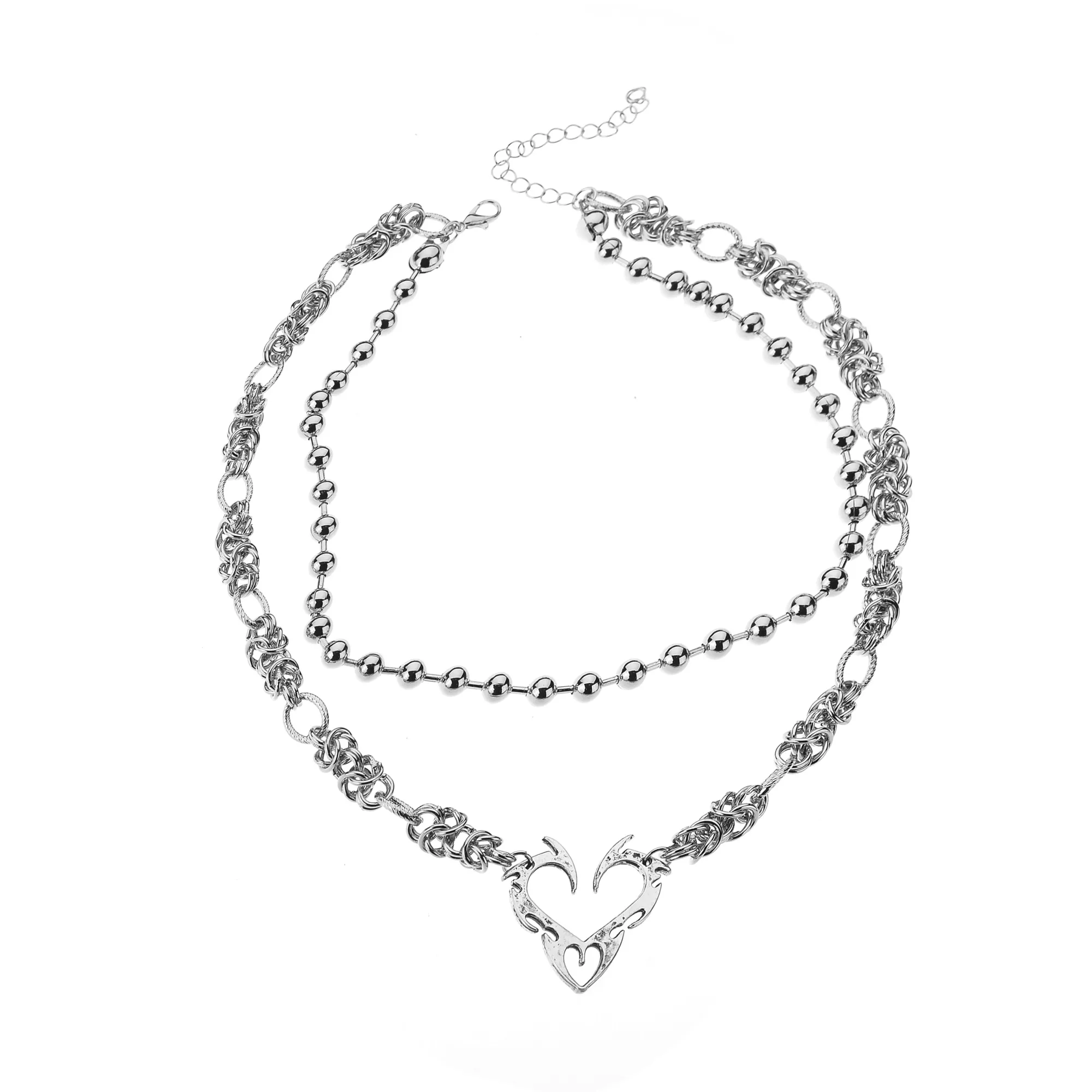 Cyberpunk Flaming Heart Silver-Tone 2-Row Necklace