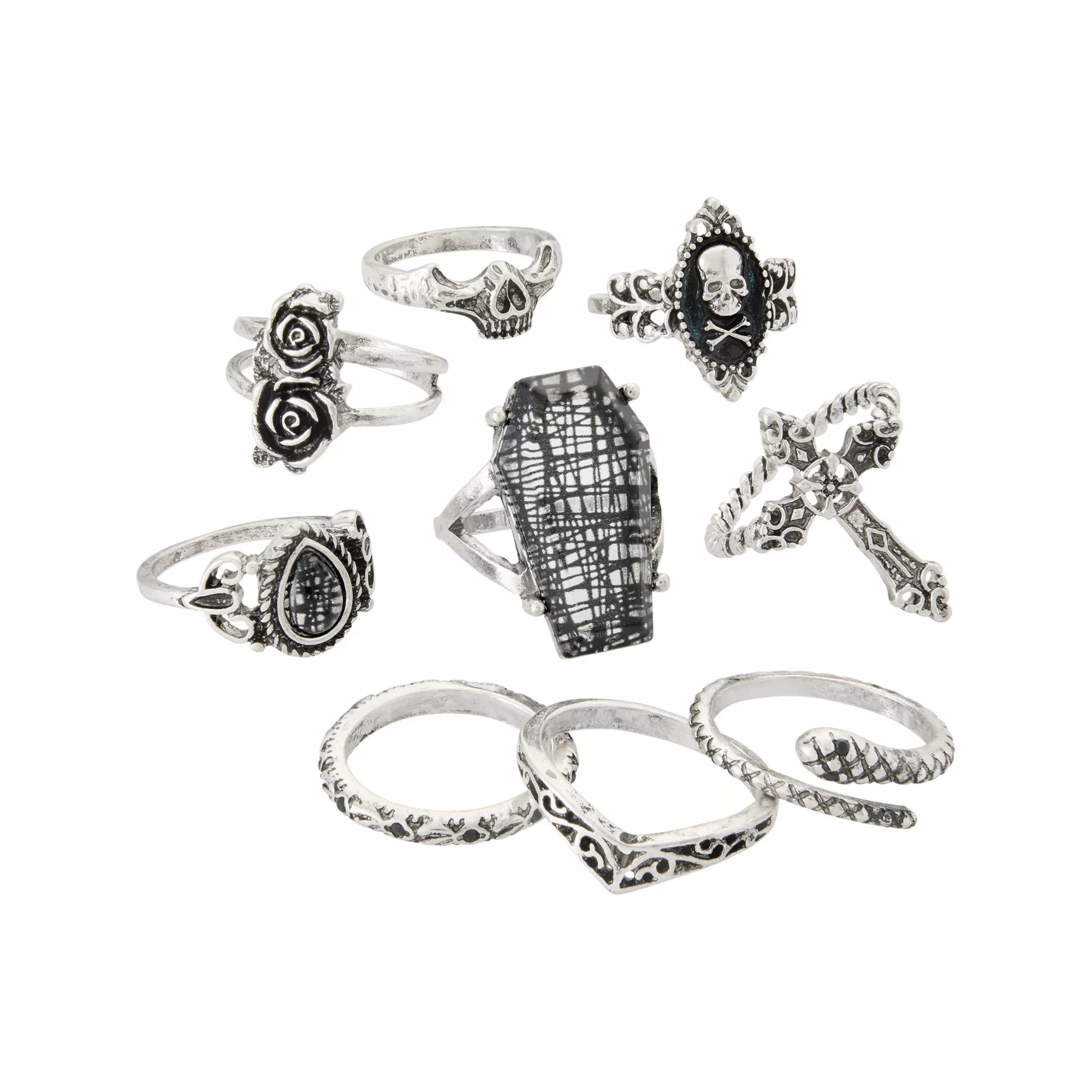 Multi-Pack Assorted Gothic Silver-Tone Rings - 9 Pack at Spencer's