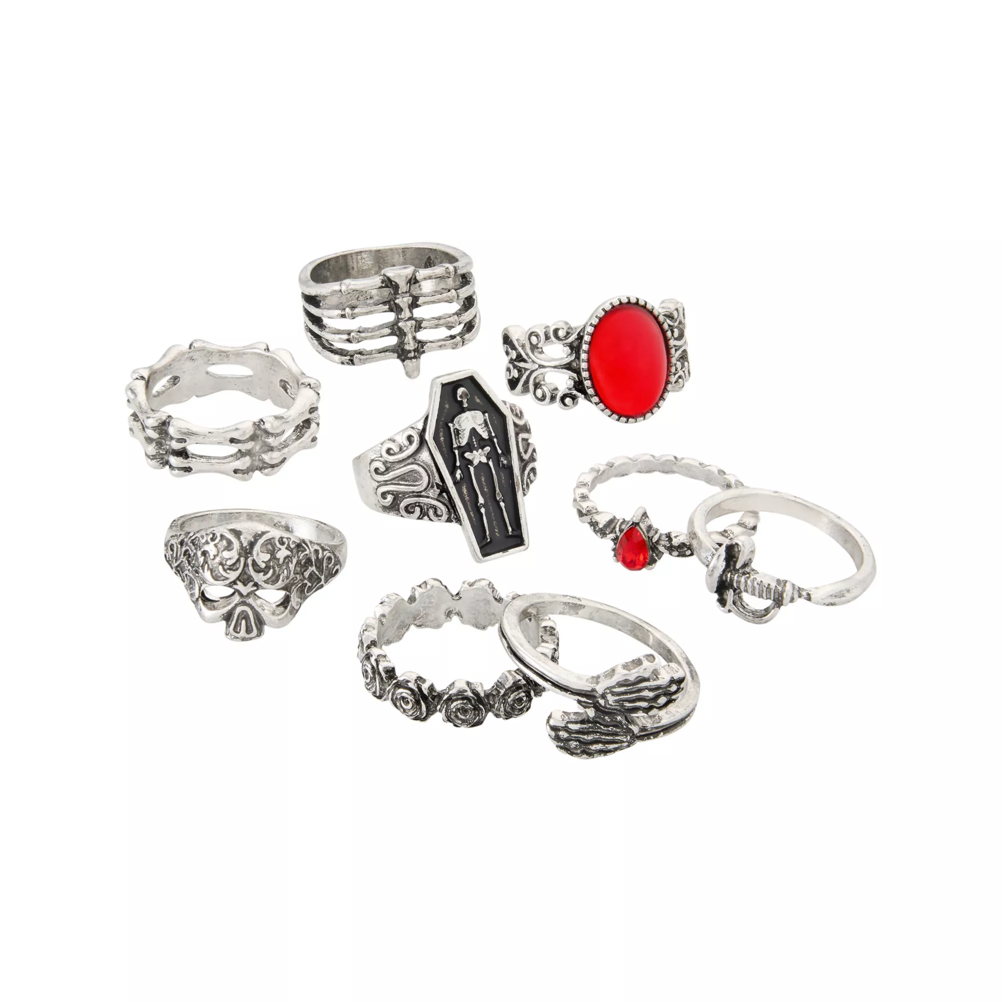 Multi-Pack Assorted Red Gothic Skeleton Silver-Tone Rings - 9 Pack at Spencer's