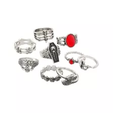 Multi-Pack Assorted Red Gothic Skeleton Silver-Tone Rings - 9 Pack at Spencer's