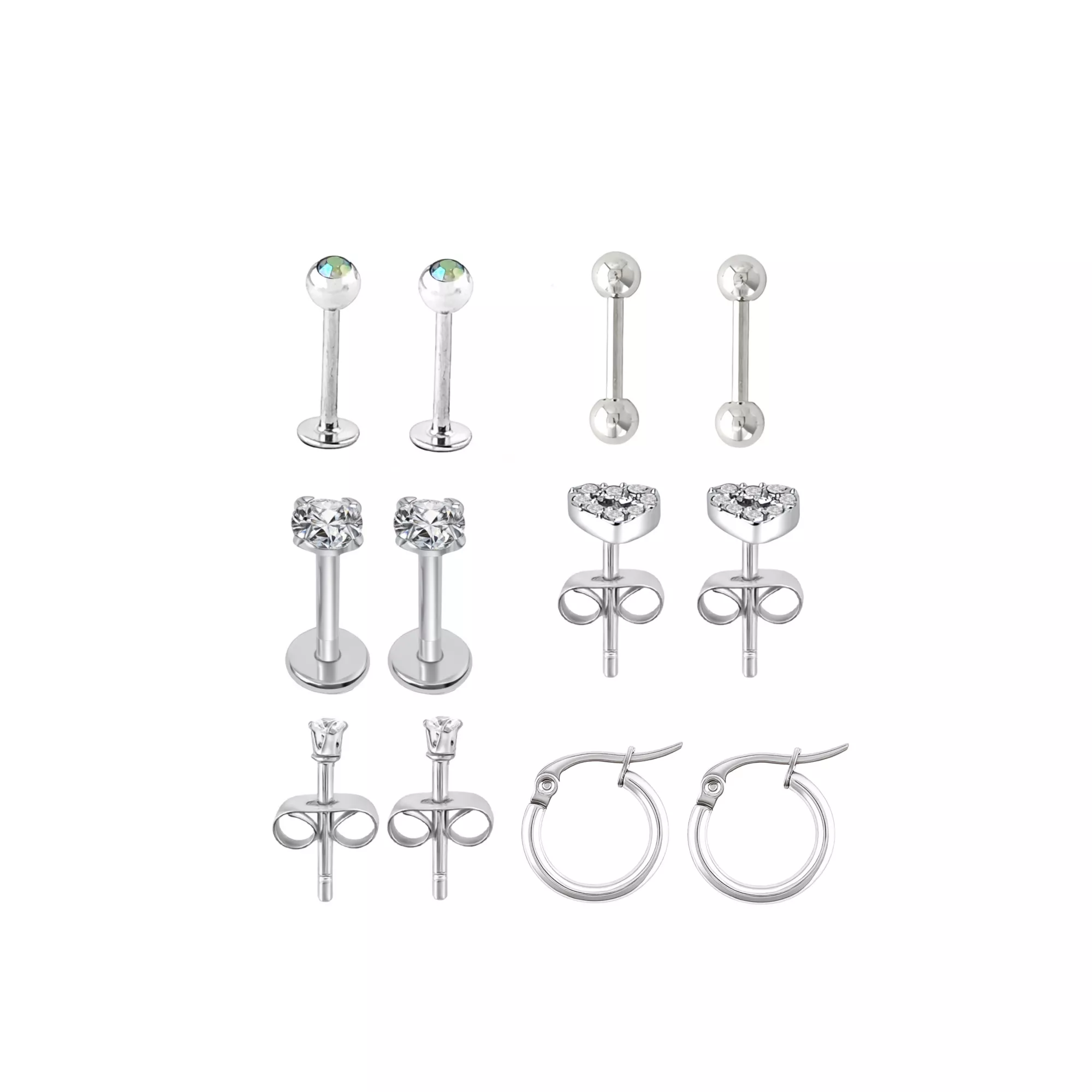 Multi-Pack CZ Essential Silver-Tone Multi-Piercing Earring Set 6 Pack - 18 Gauge