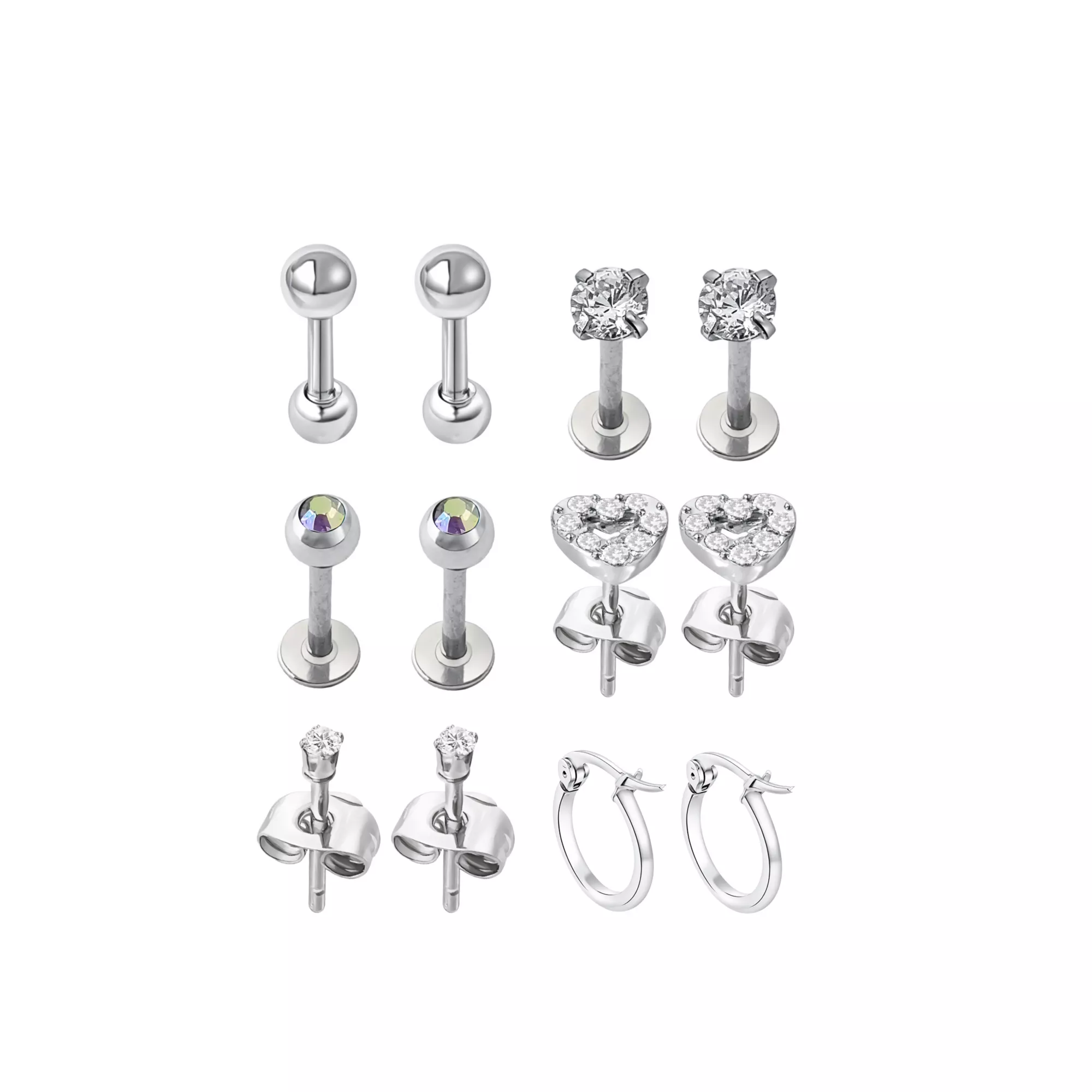 Multi-Pack CZ Essential Silver-Tone Multi-Piercing Earring Set 6 Pack - 18 Gauge