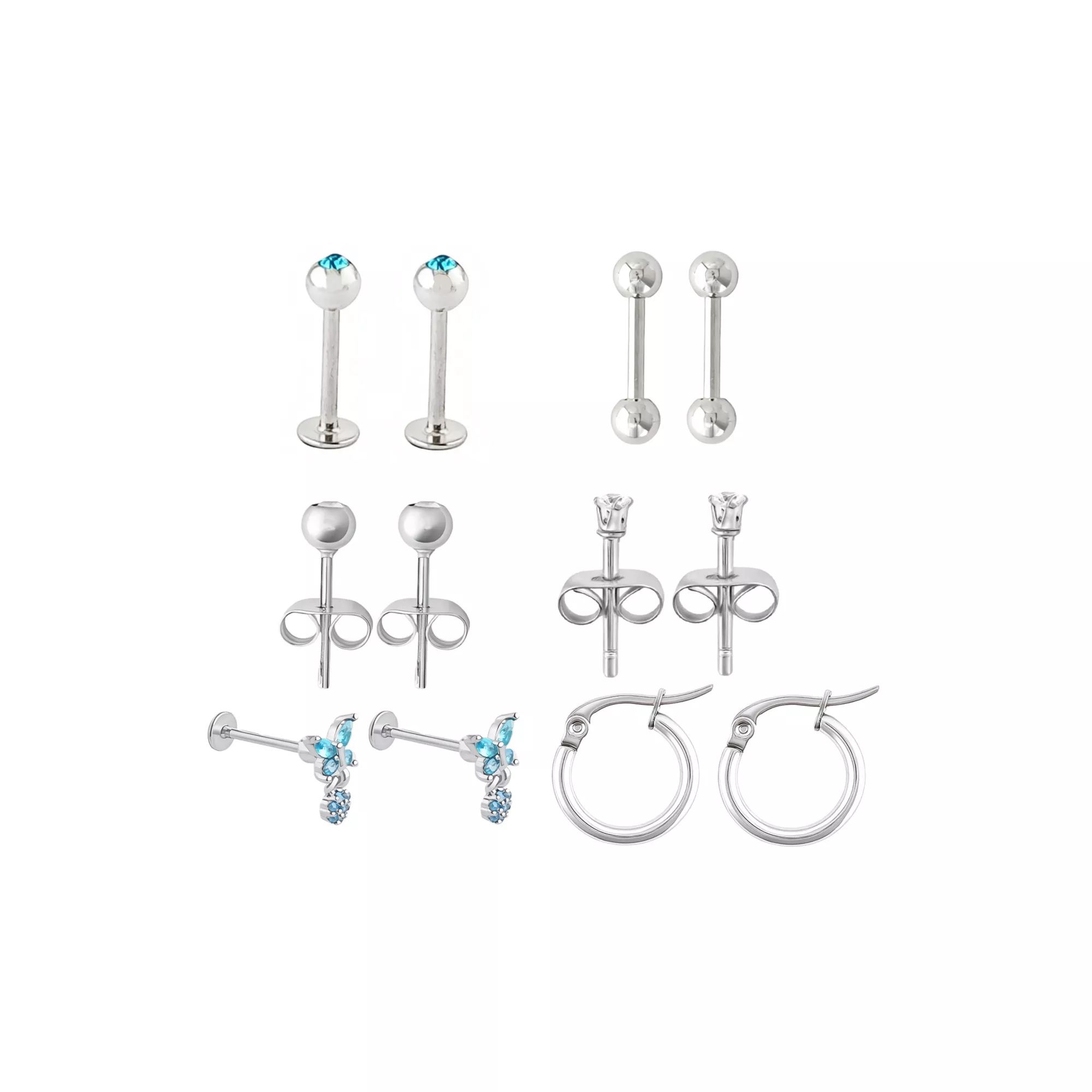 Multi-Pack Blue CZ Butterfly Silver-Tone Earrings 6 Pair - 18 Gauge at Spencer's