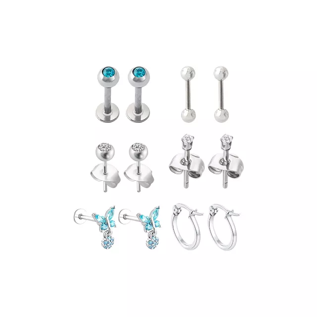 Multi-Pack Blue CZ Butterfly Silver-Tone Earrings 6 Pair - 18 Gauge at Spencer's