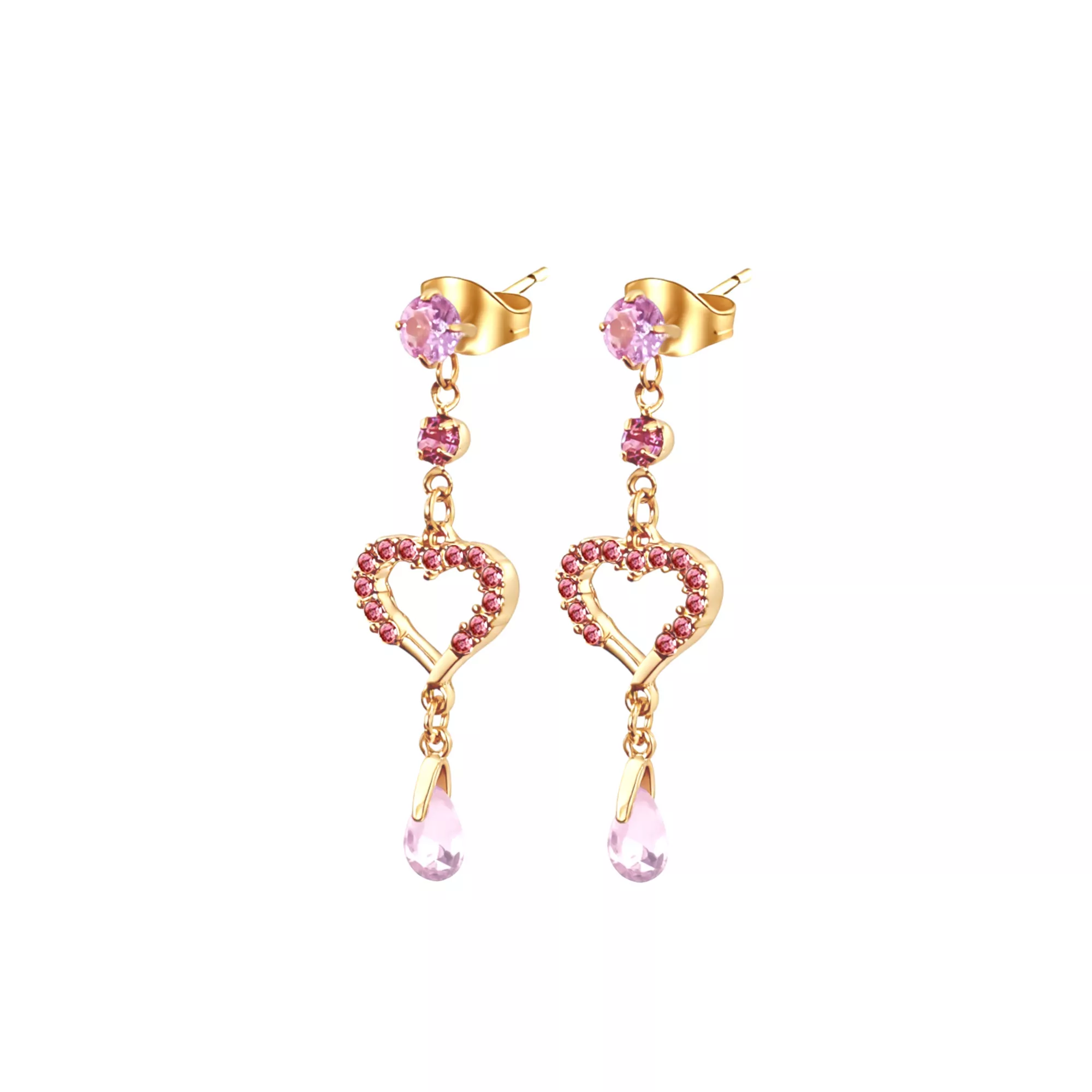 Pink CZ Heart Gold-Tone Dangle Earrings - 20 Gauge