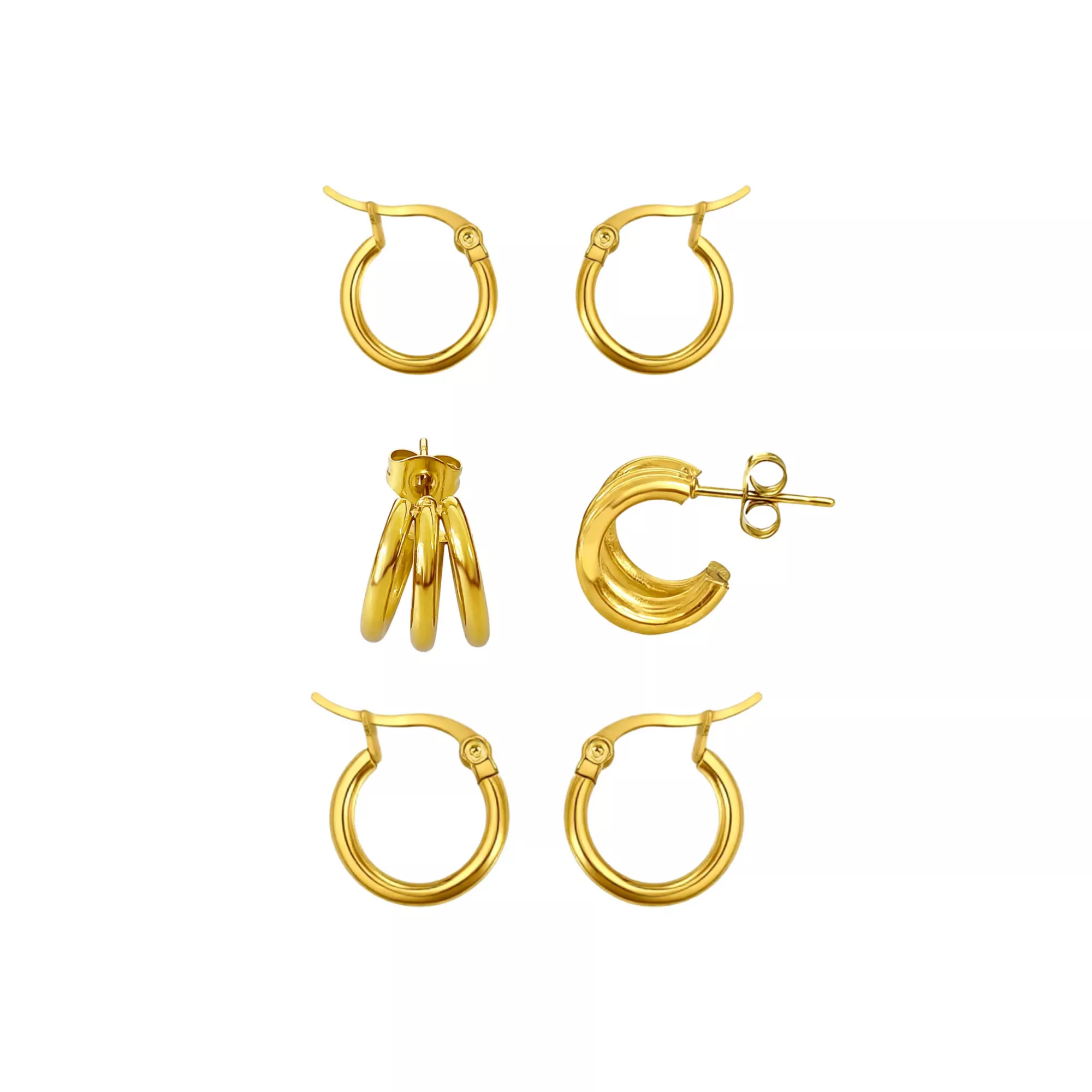 Multi-Pack Gold-Tone Triple Hoop & Basic Huggie Earrings 3 Pair - 18 Gauge