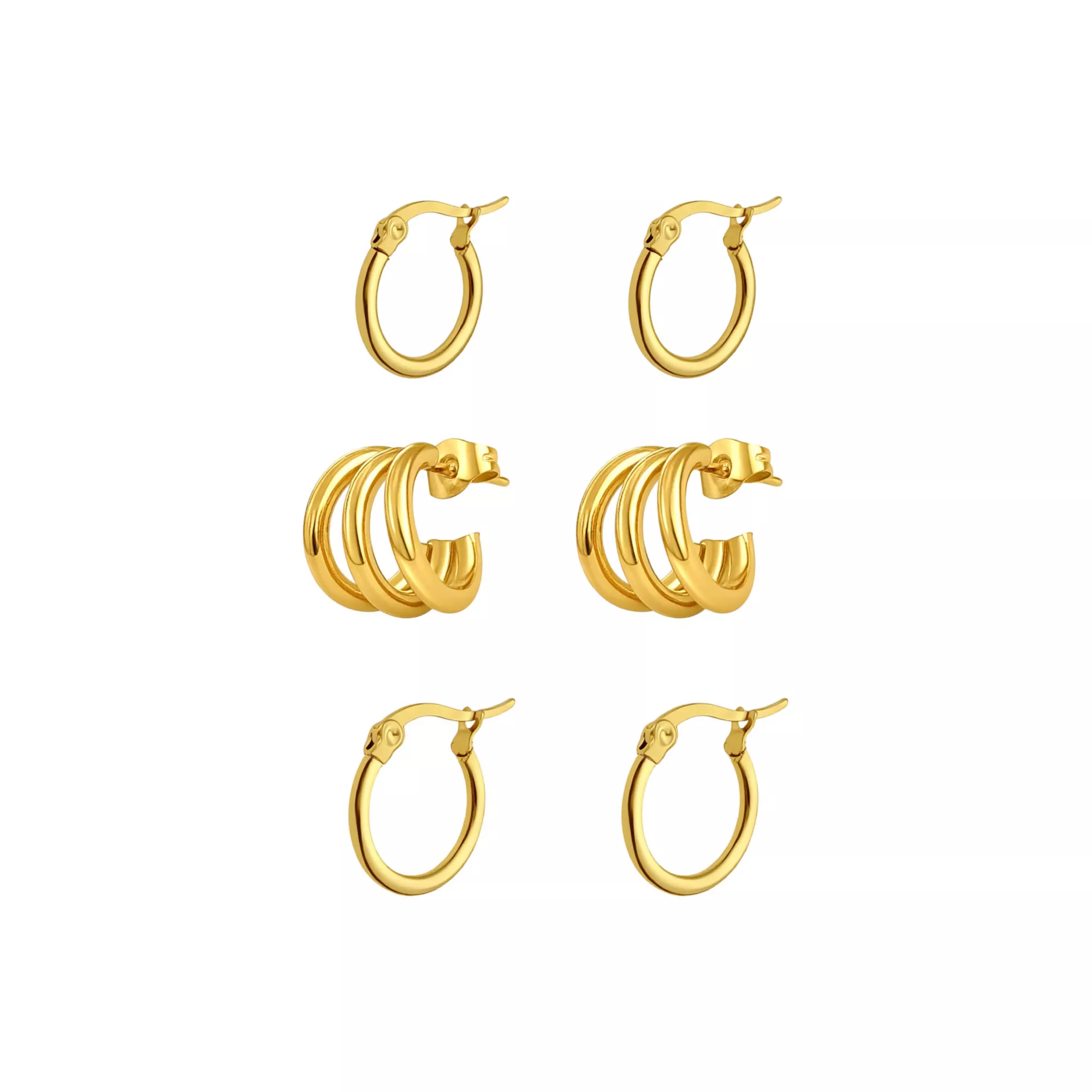 Multi-Pack Gold-Tone Triple Hoop & Basic Huggie Earrings 3 Pair - 18 Gauge
