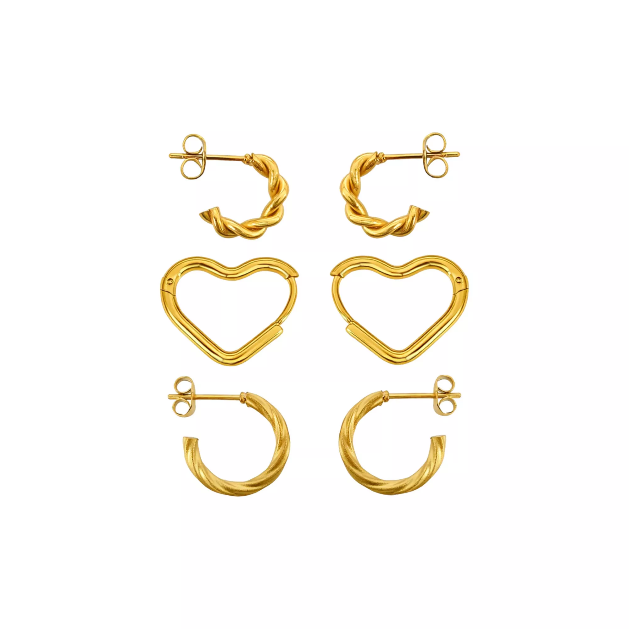 Multi-Pack Gold-Tone Huggie Heart Hoop Earrings and Half Hoop Earrings 3 Pairs - 18 Gauge