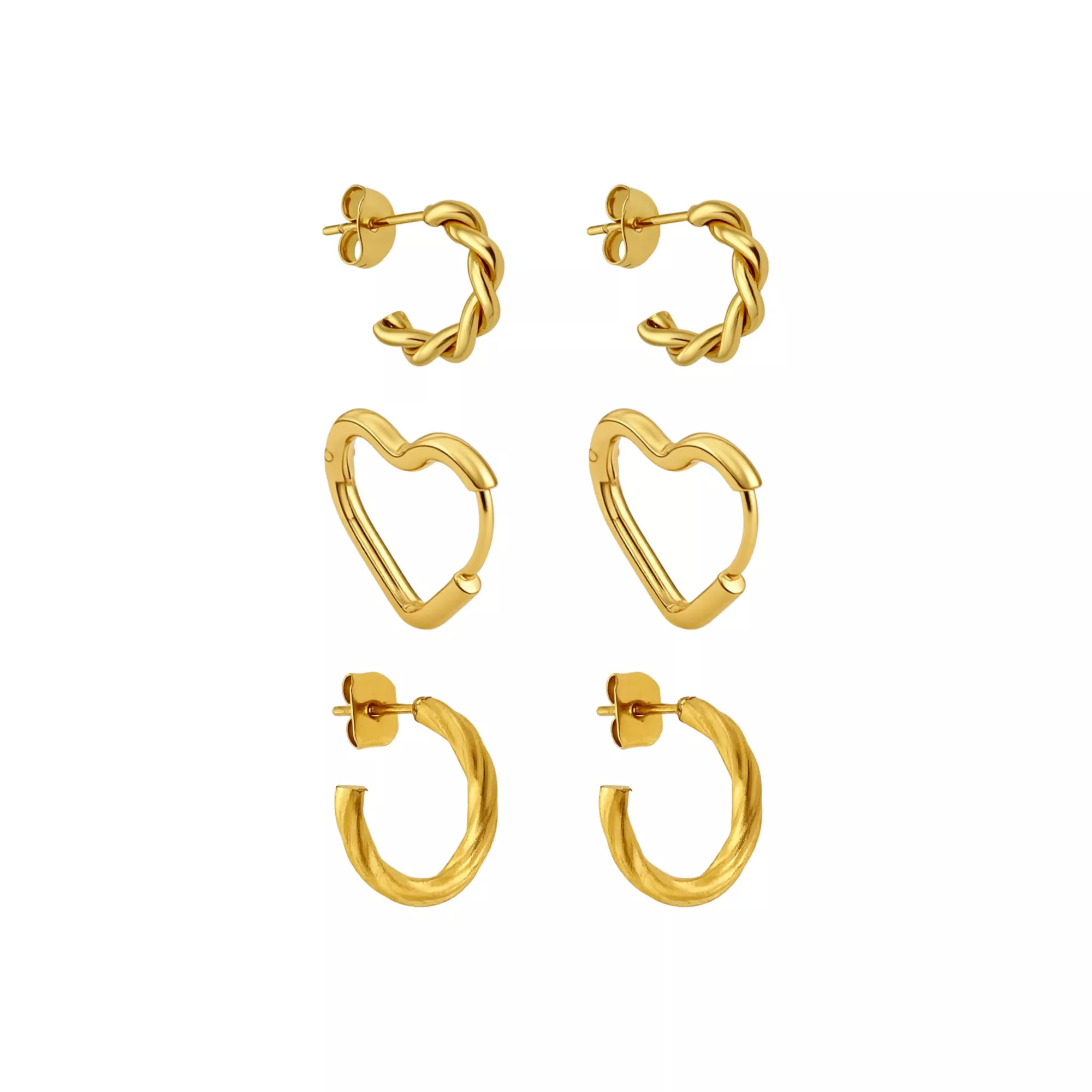 Multi-Pack Gold-Tone Huggie Heart Hoop Earrings and Half Hoop Earrings 3 Pairs - 18 Gauge