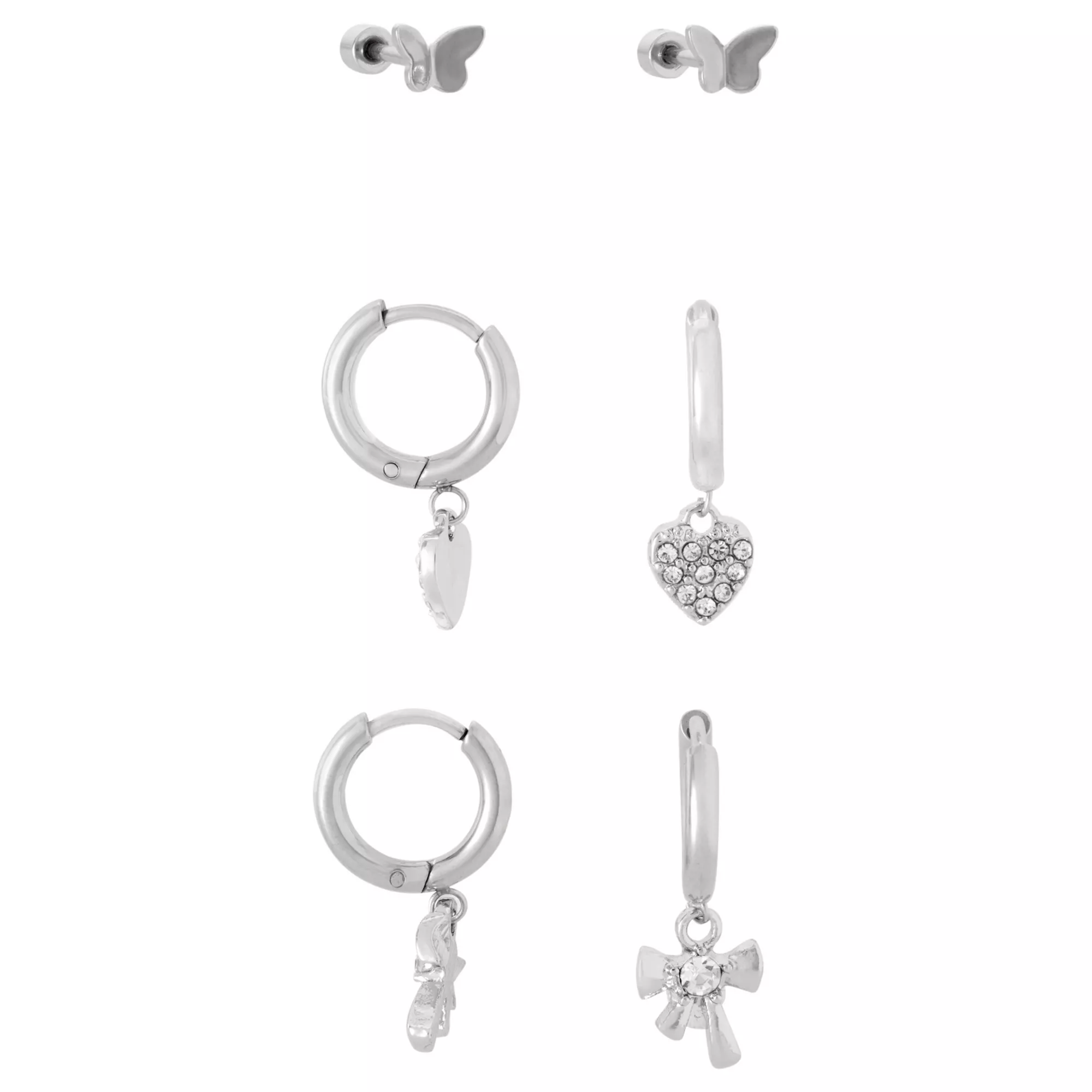 Multi-Pack CZ Butterfly Heart and Bow Earrings 3 Pair - 18 Gauge at Spencer's