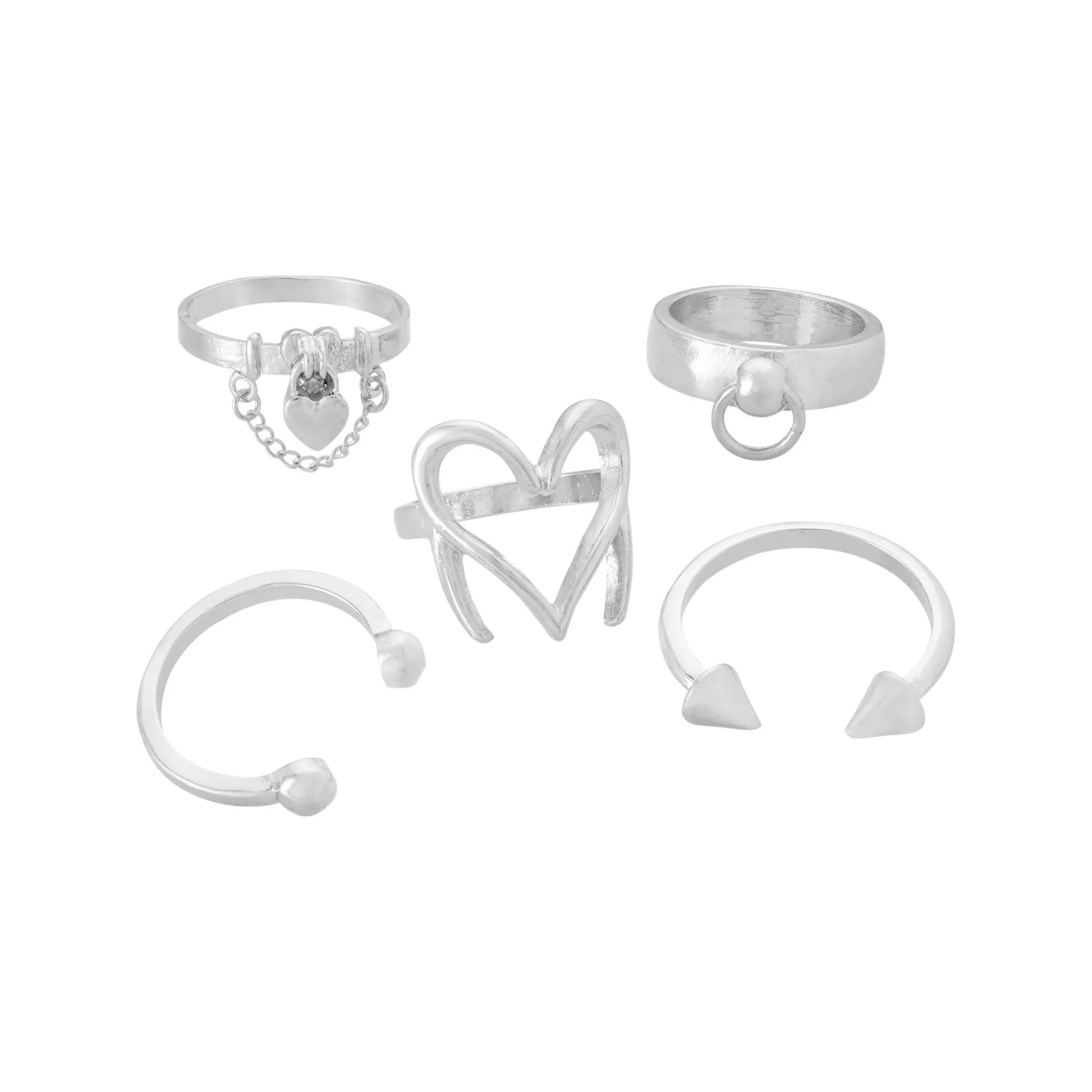 Multi-Pack Assorted Cyber Heart Silver-Tone Rings - 5 Pack at Spencer's