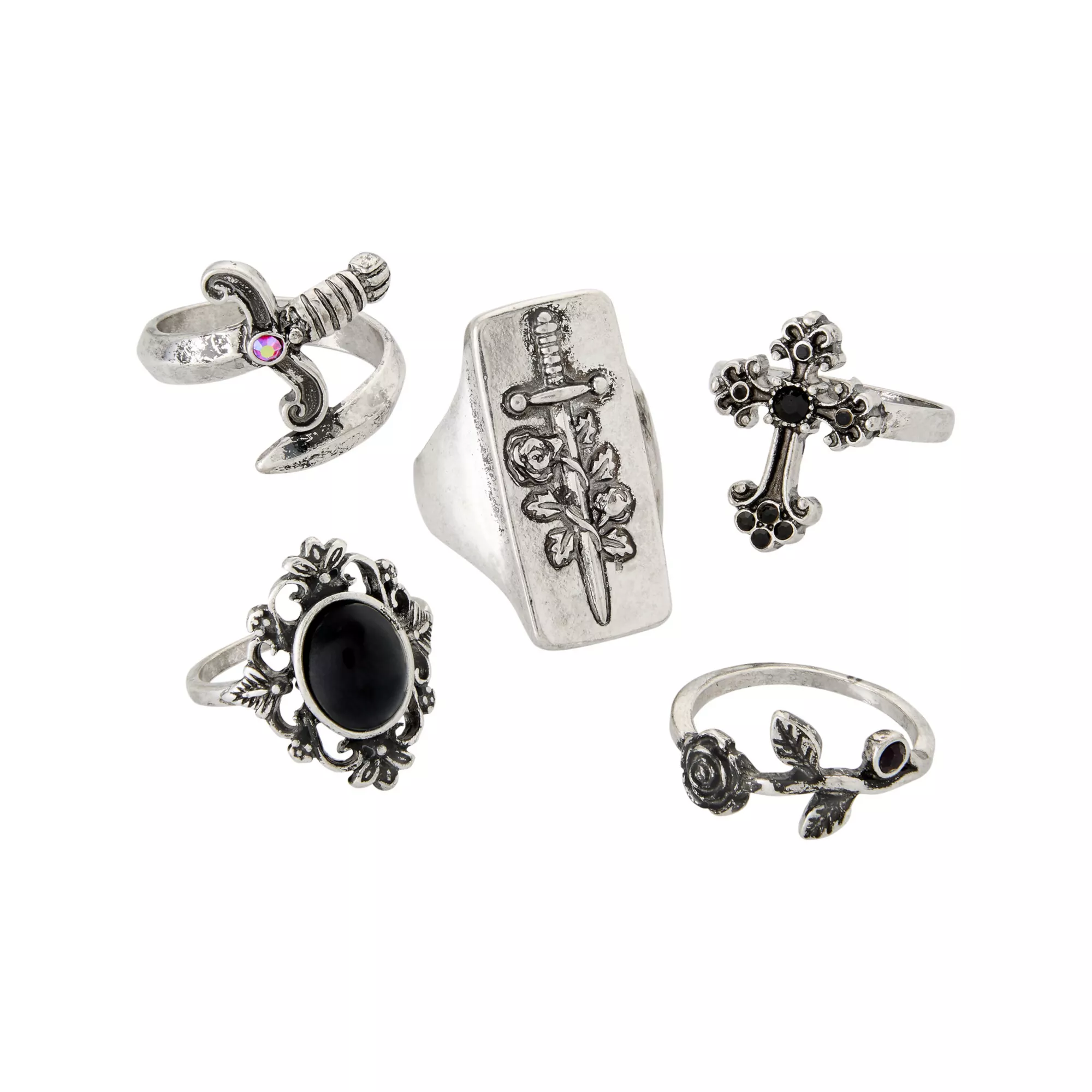 Multi-Pack Assorted Black Gothic Cross Sword Silver-Tone Rings - 5 Pack at Spencer's