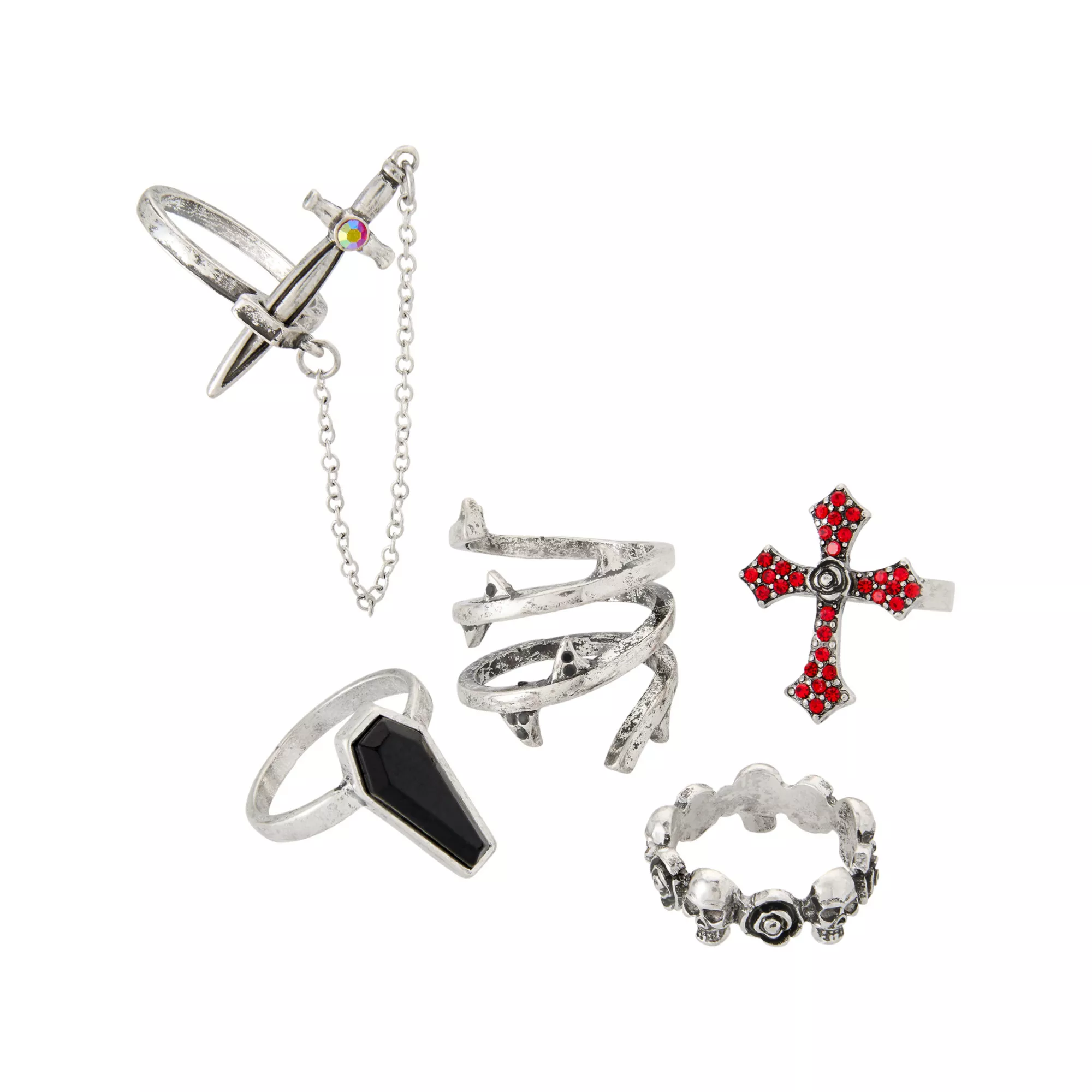 Multi-Pack Assorted Red Gothic Cross Skull Silver-Tone Rings - 5 Pack at Spencer's