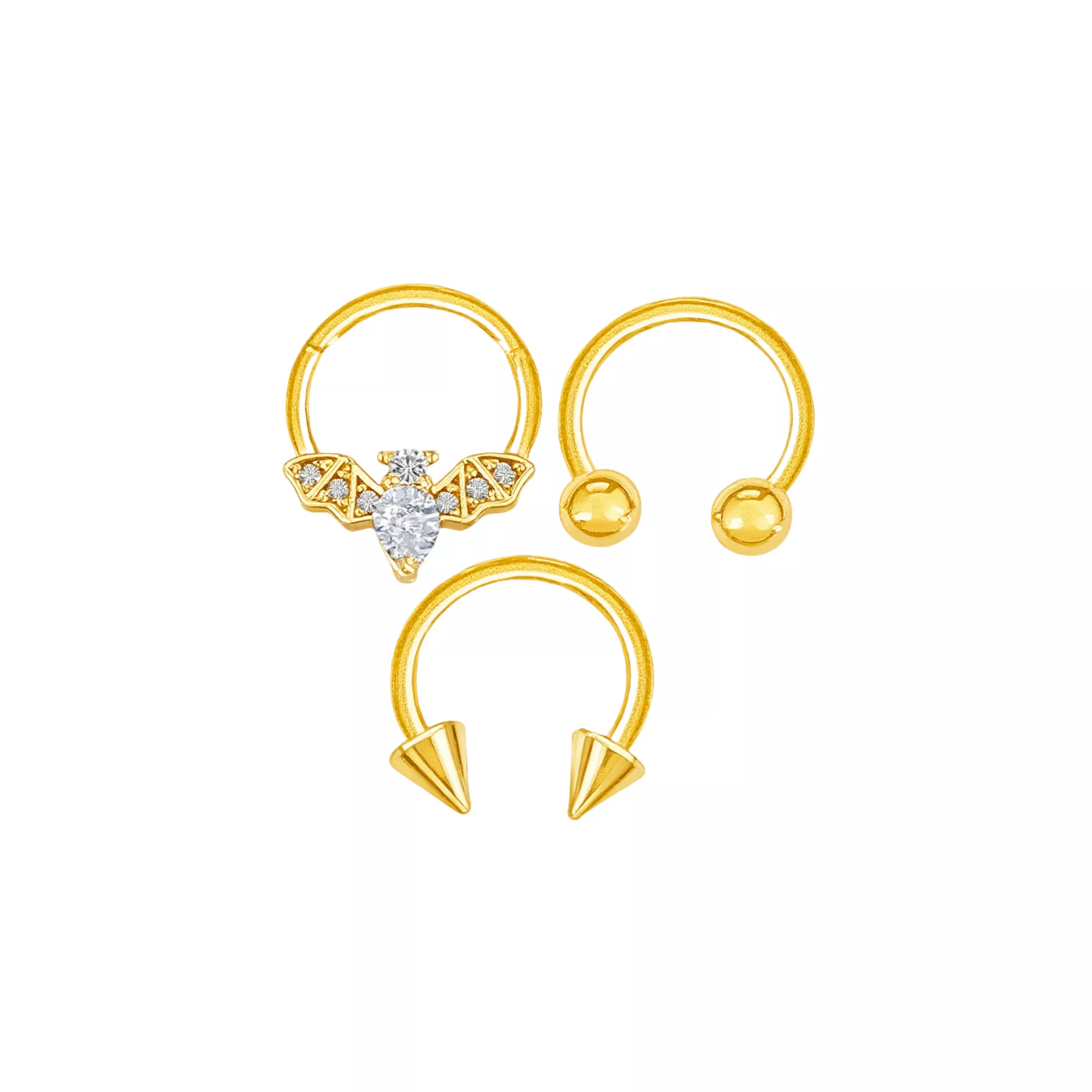 Multi-Pack CZ Bat Gold-Tone Horseshoe Rings and Hinged Septum Ring 3 Pack - 16 Gauge