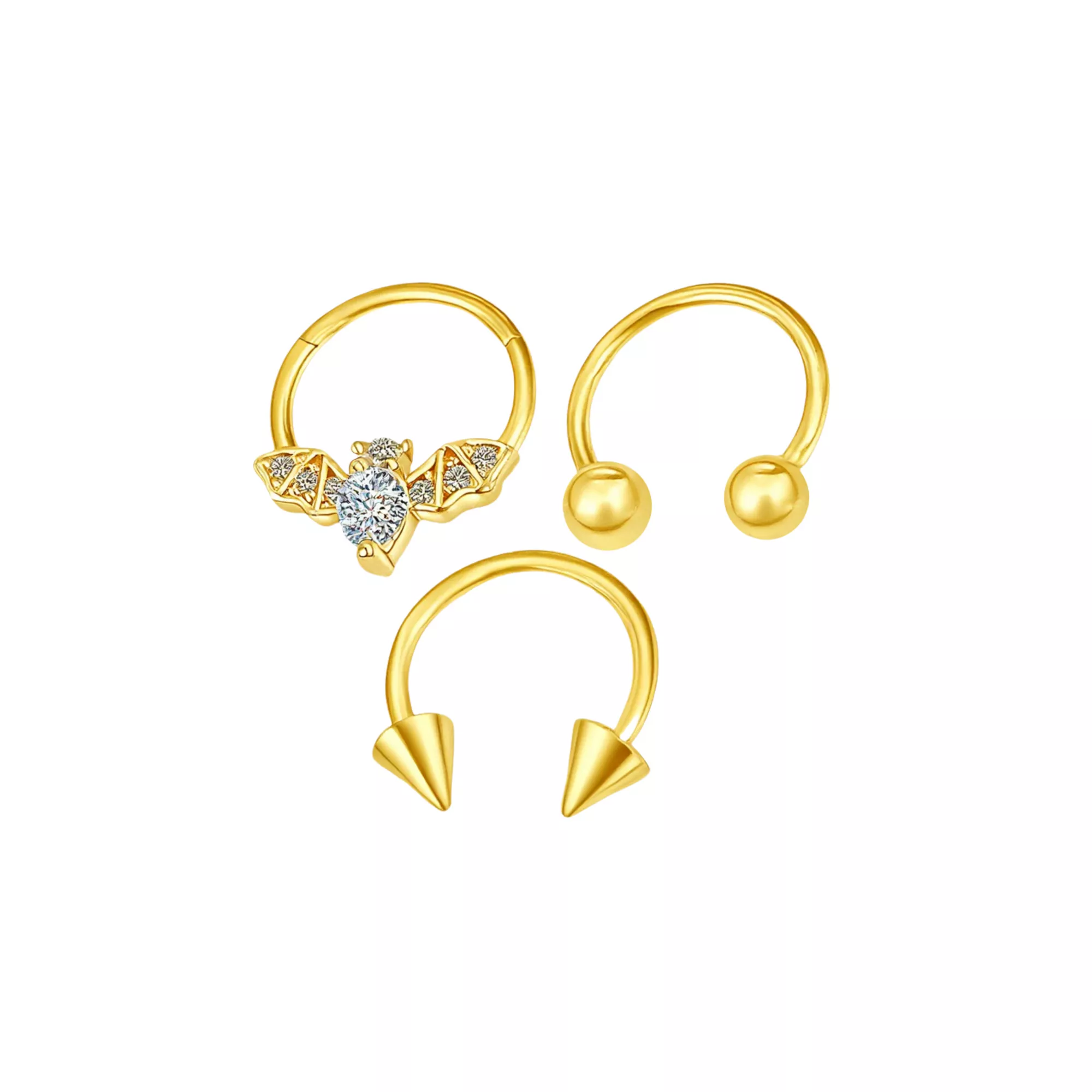 Multi-Pack CZ Bat Gold-Tone Horseshoe Rings and Hinged Septum Ring 3 Pack - 16 Gauge