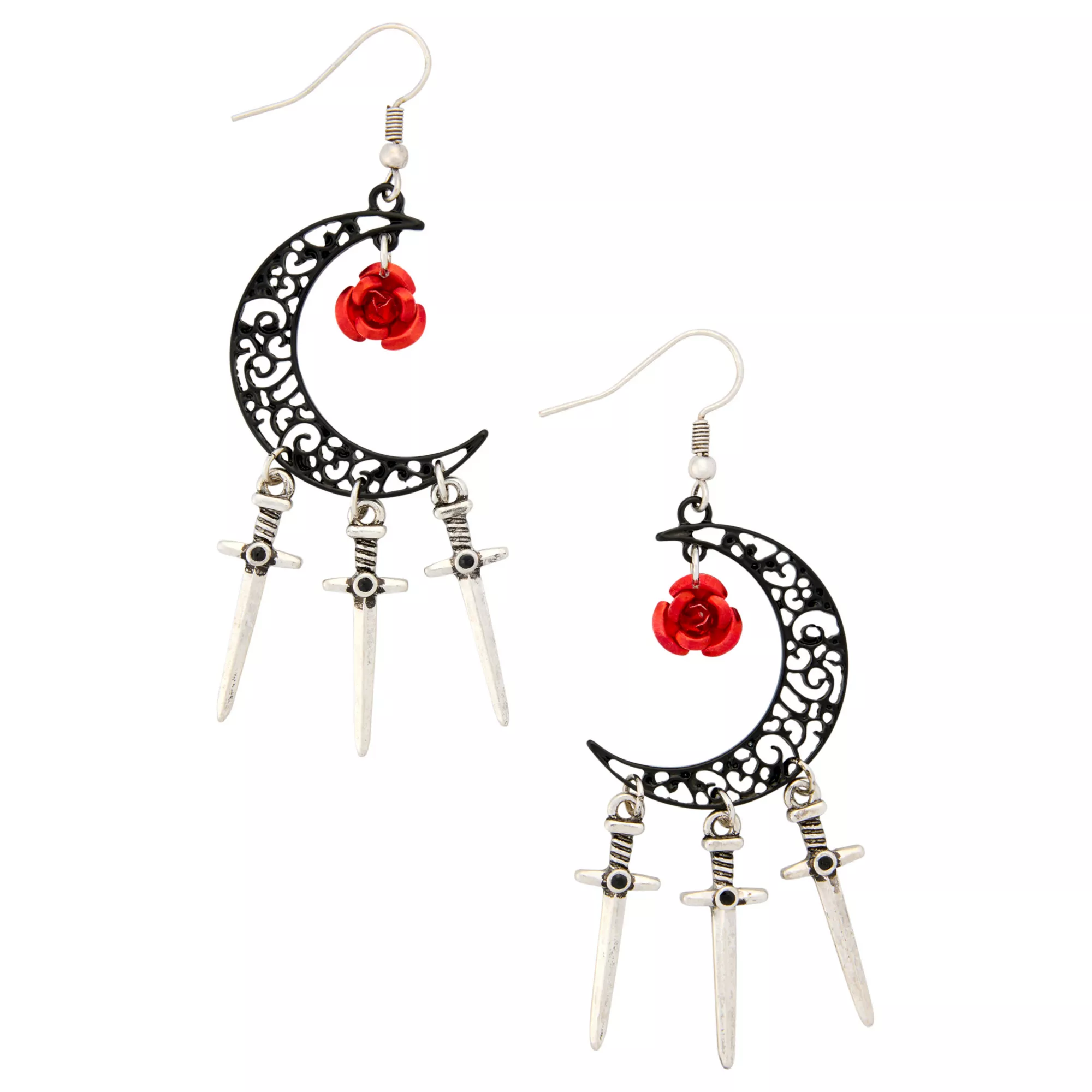 Gothic Rose Moon Sword Dangle Earrings