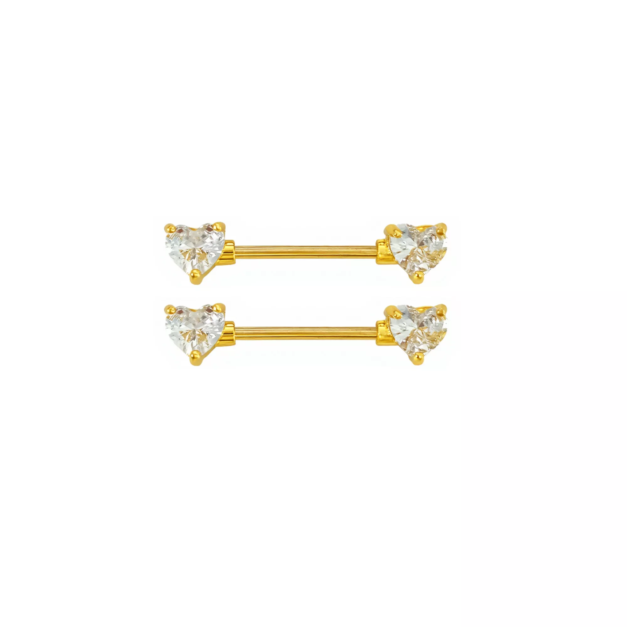 CZ Goldtone Heart Clear Gem Nipple Barbells - 14 Gauge