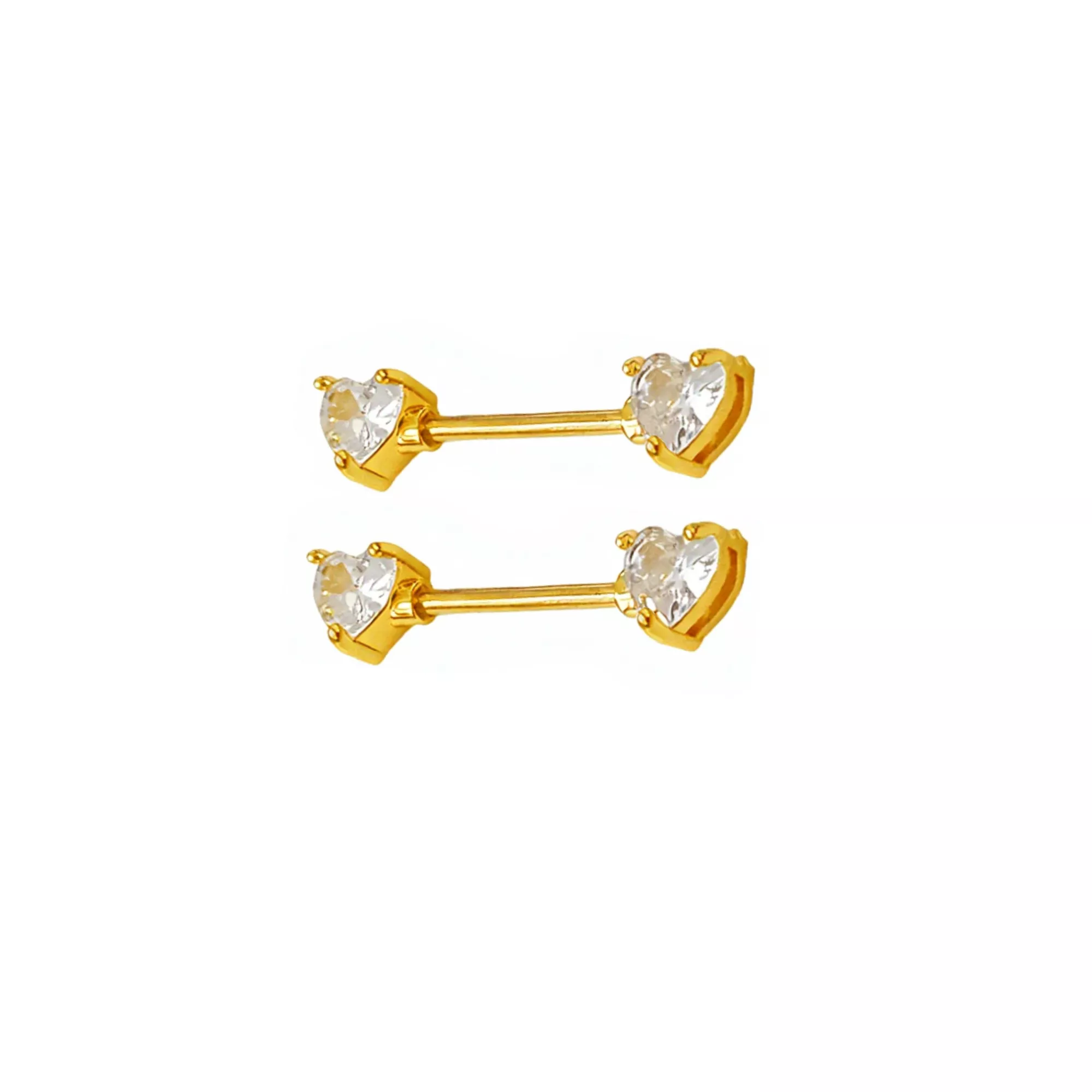 CZ Goldtone Heart Clear Gem Nipple Barbells - 14 Gauge
