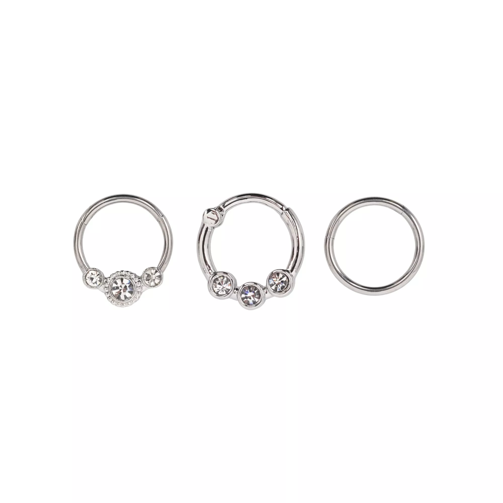 Multi-Pack Clear CZ Round Silver-Tone Septum Rings 3 Pack - 16 Gauge
