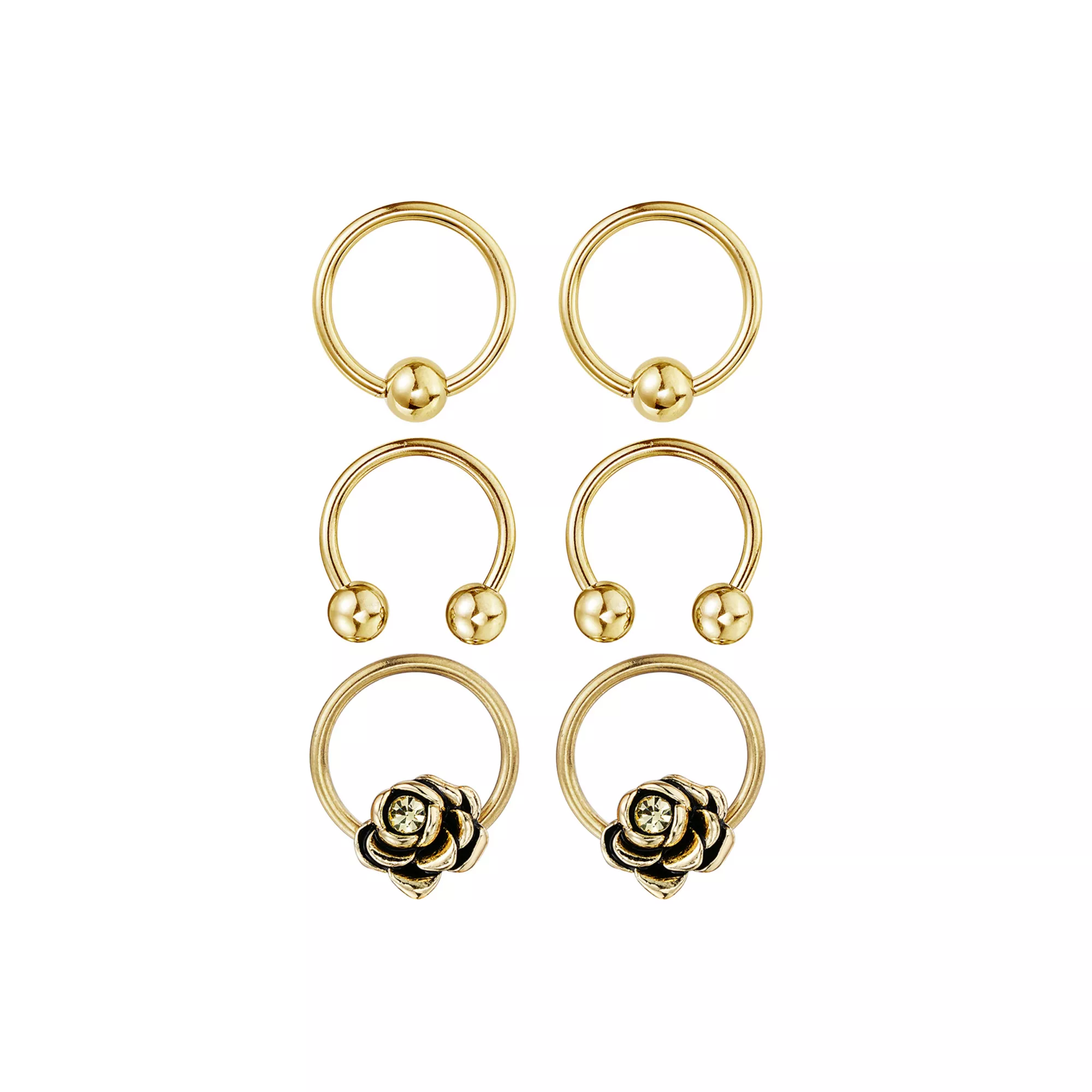 Multi-Pack Gold-Tone Rose Captive and Horseshoe Rings 3 Pair - 16 Gauge