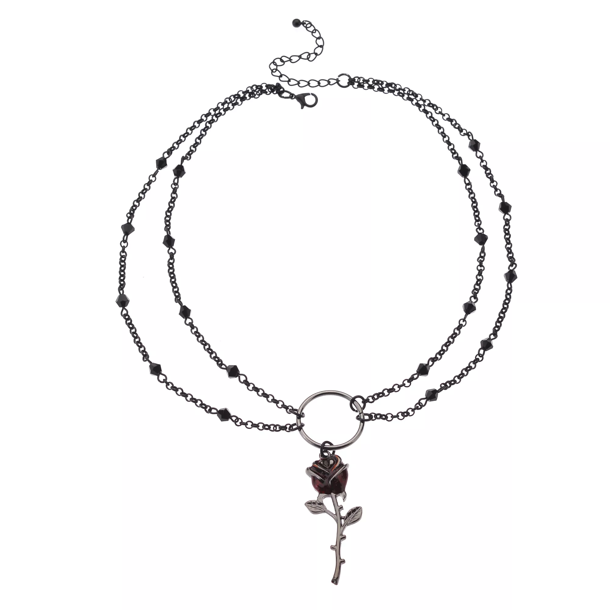 Black and Red Beaded Rose Choker Necklace