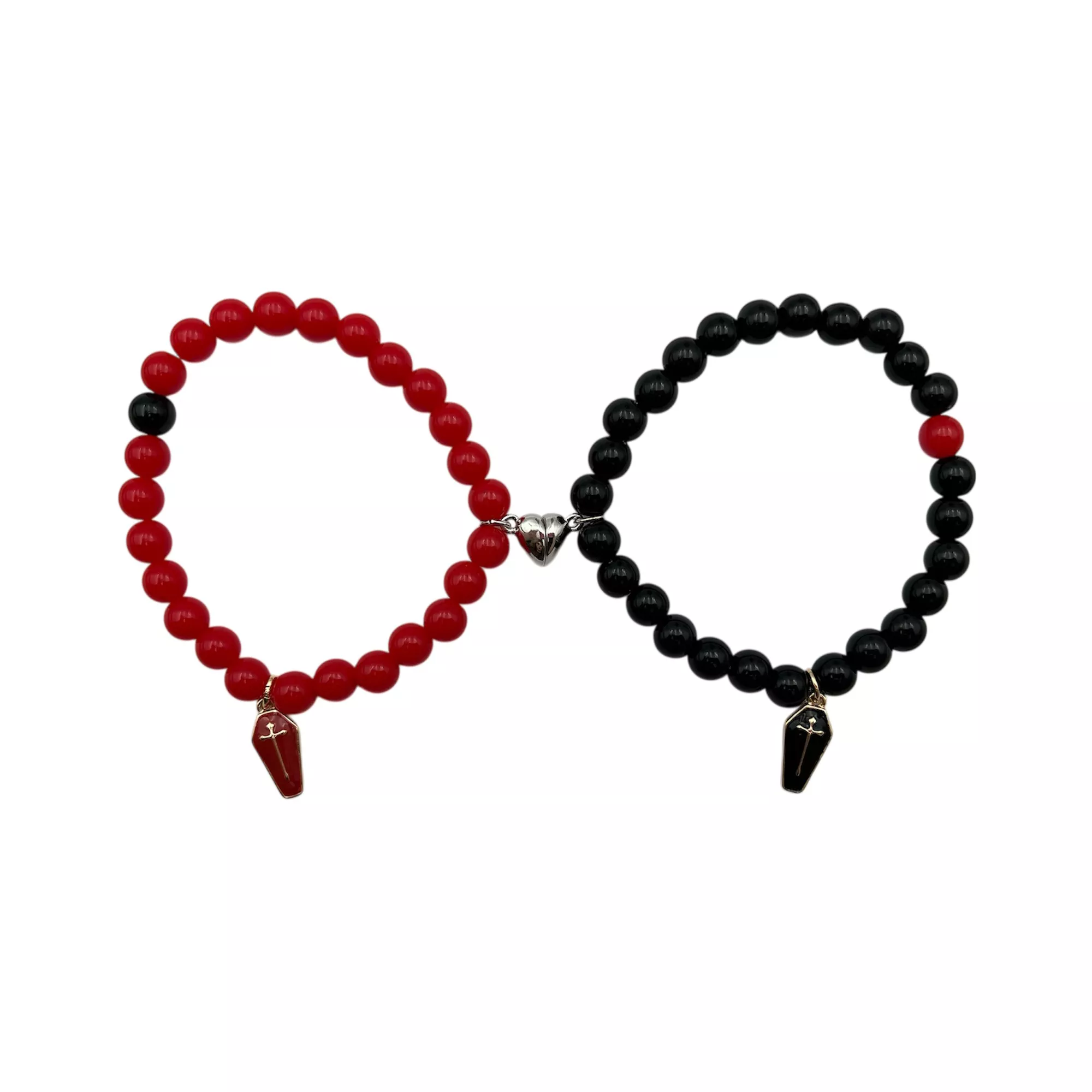 Magnetic Red and Black Coffin Charm Long Distance Bracelets - 2 Pack